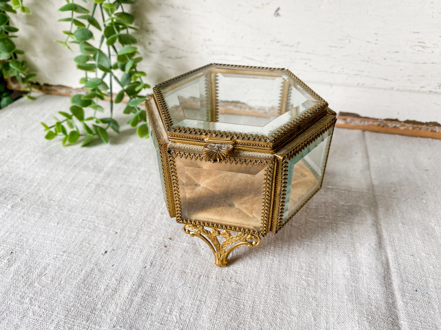 Vintage Ormolu Jewelry Casket | Beveled Glass Trinket Box