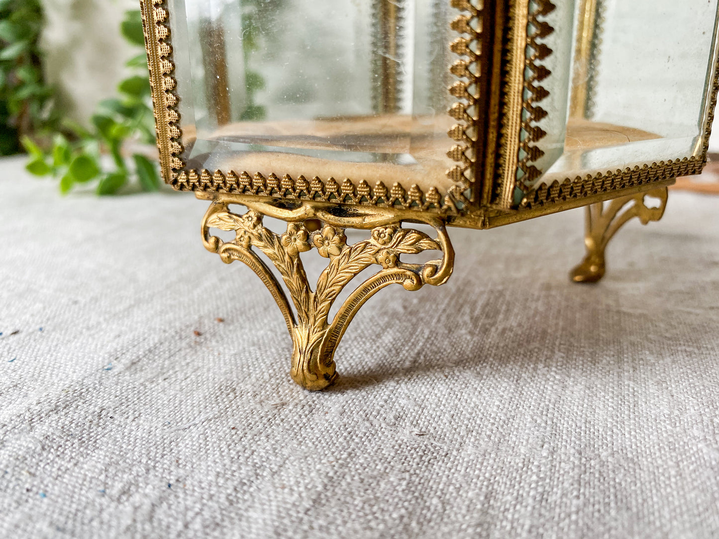 Vintage Ormolu Jewelry Casket | Beveled Glass Trinket Box