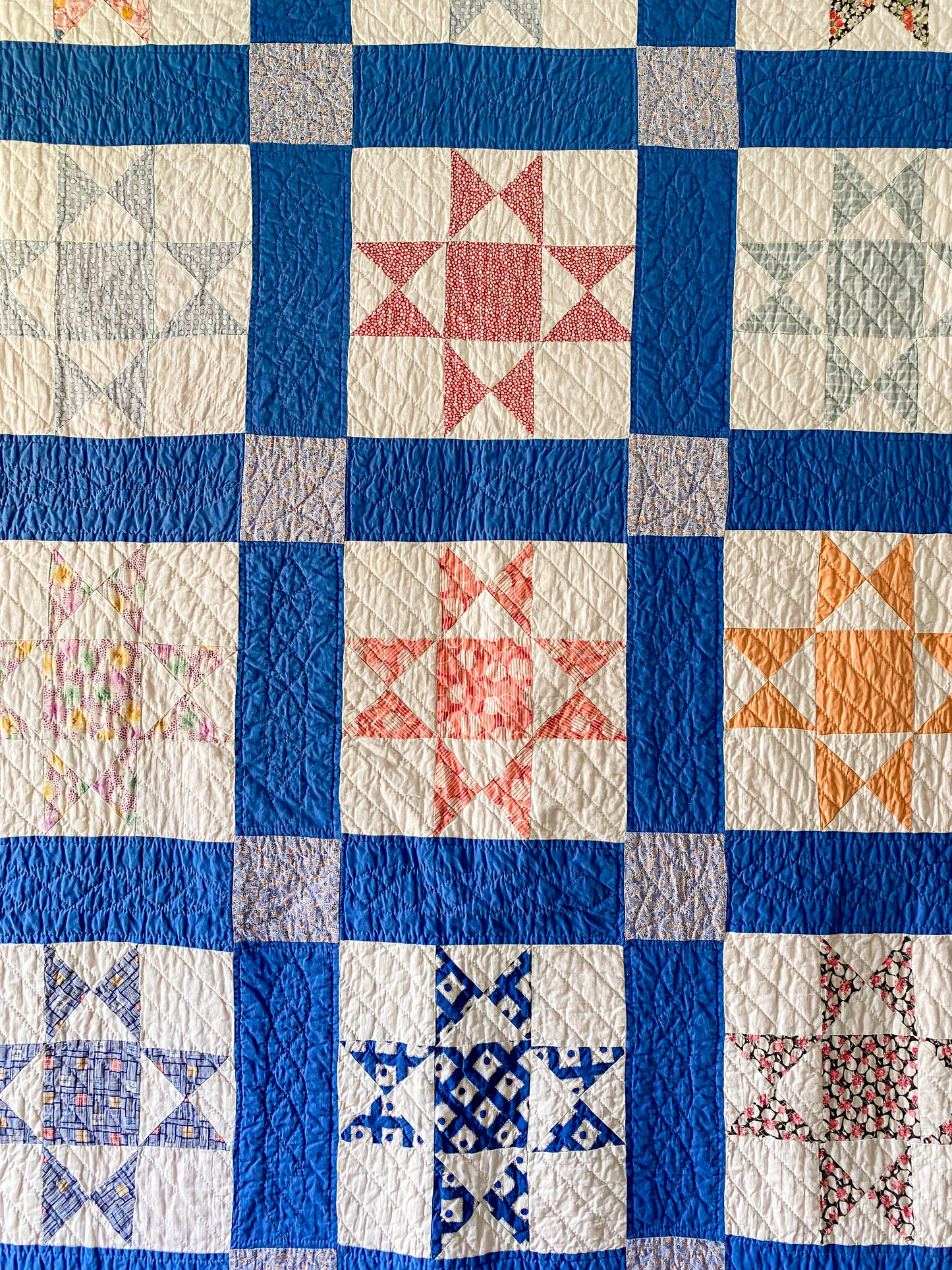 Vintage Blue and Pink Ohio Star 1930s Quilt