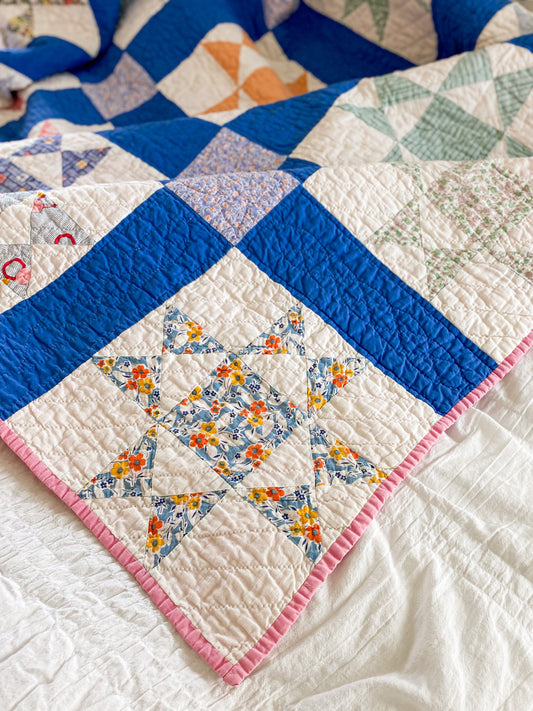 Vintage Blue and Pink Ohio Star 1930s Quilt