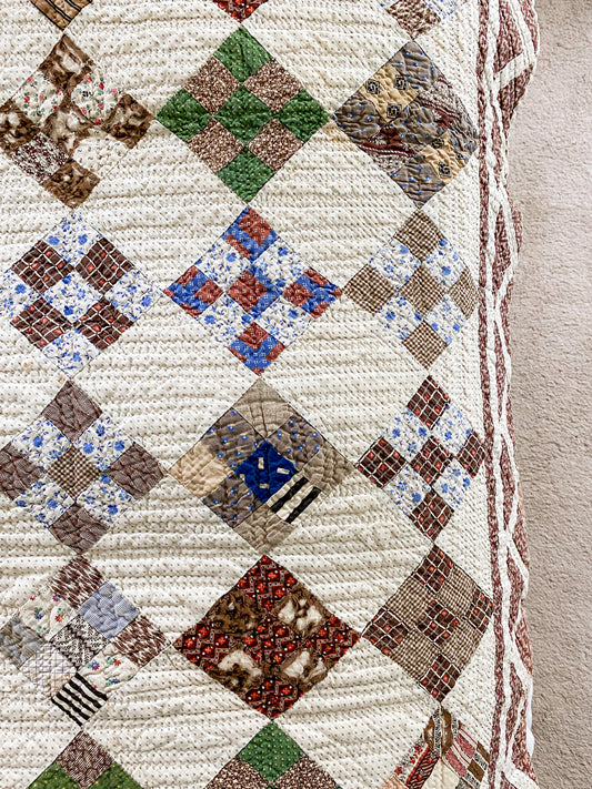 Antique Nine Patch on Point 1880s Quilt