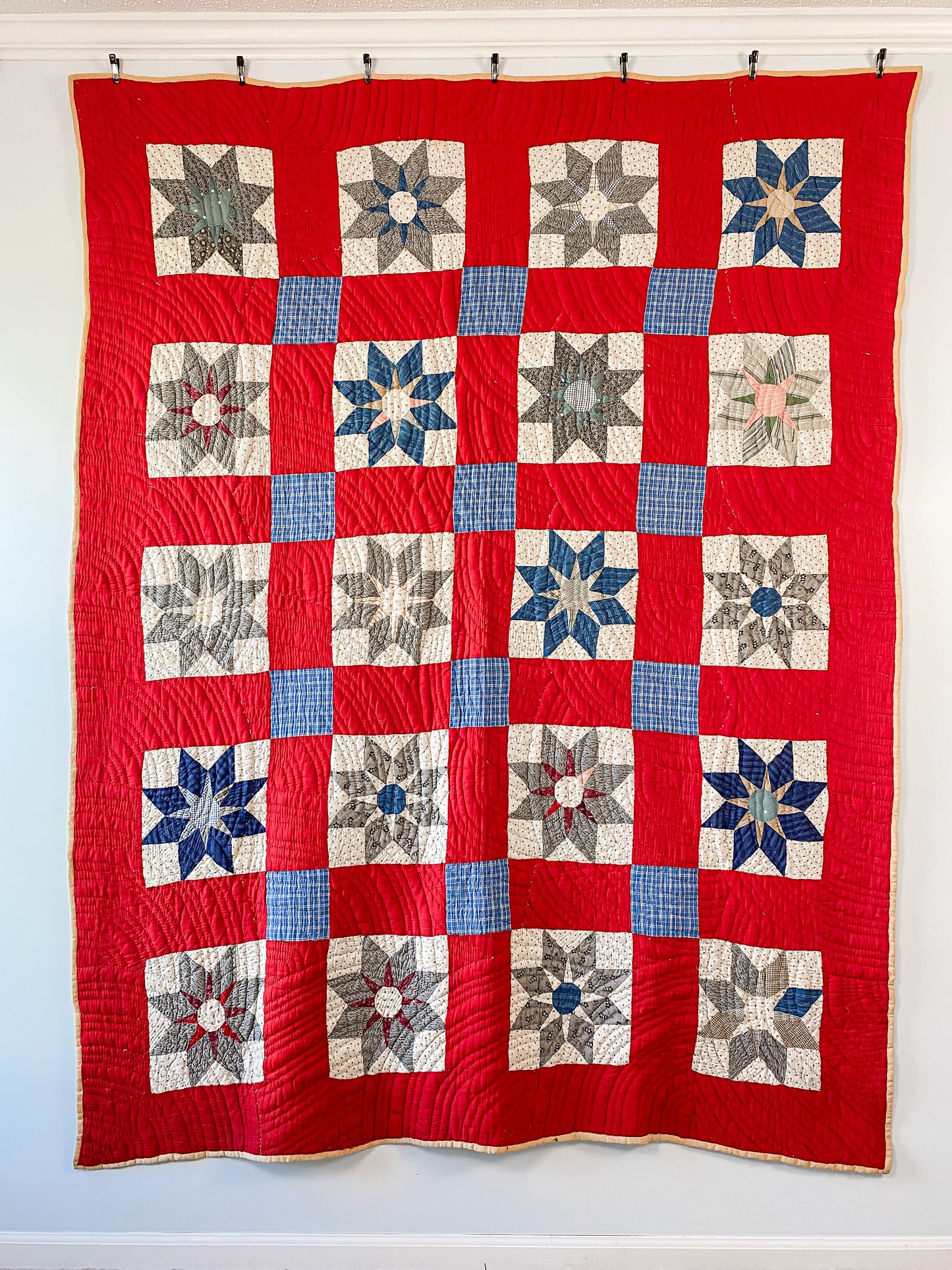 Antique Primitive Red Sunflower Quilt, c1910