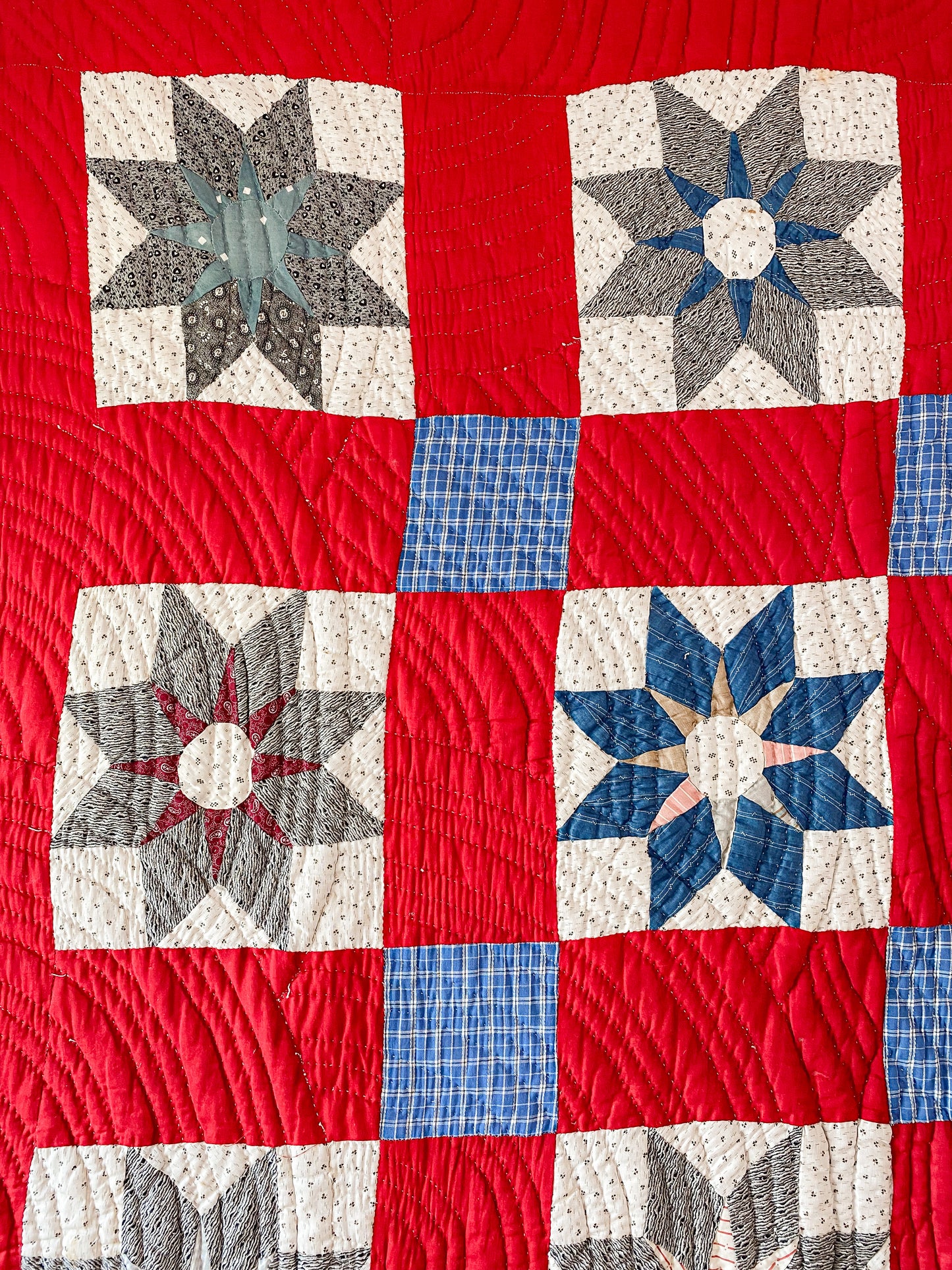 Antique Primitive Red Sunflower Quilt, c1910