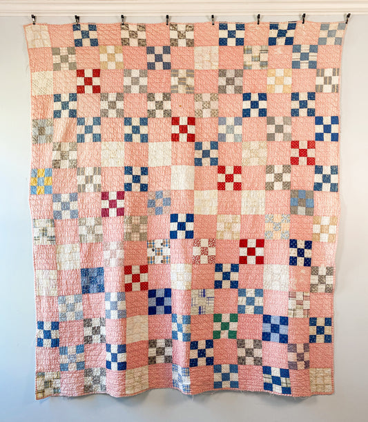 Antique Pink and Blue Nine Patch Cutter Quilt, c1920