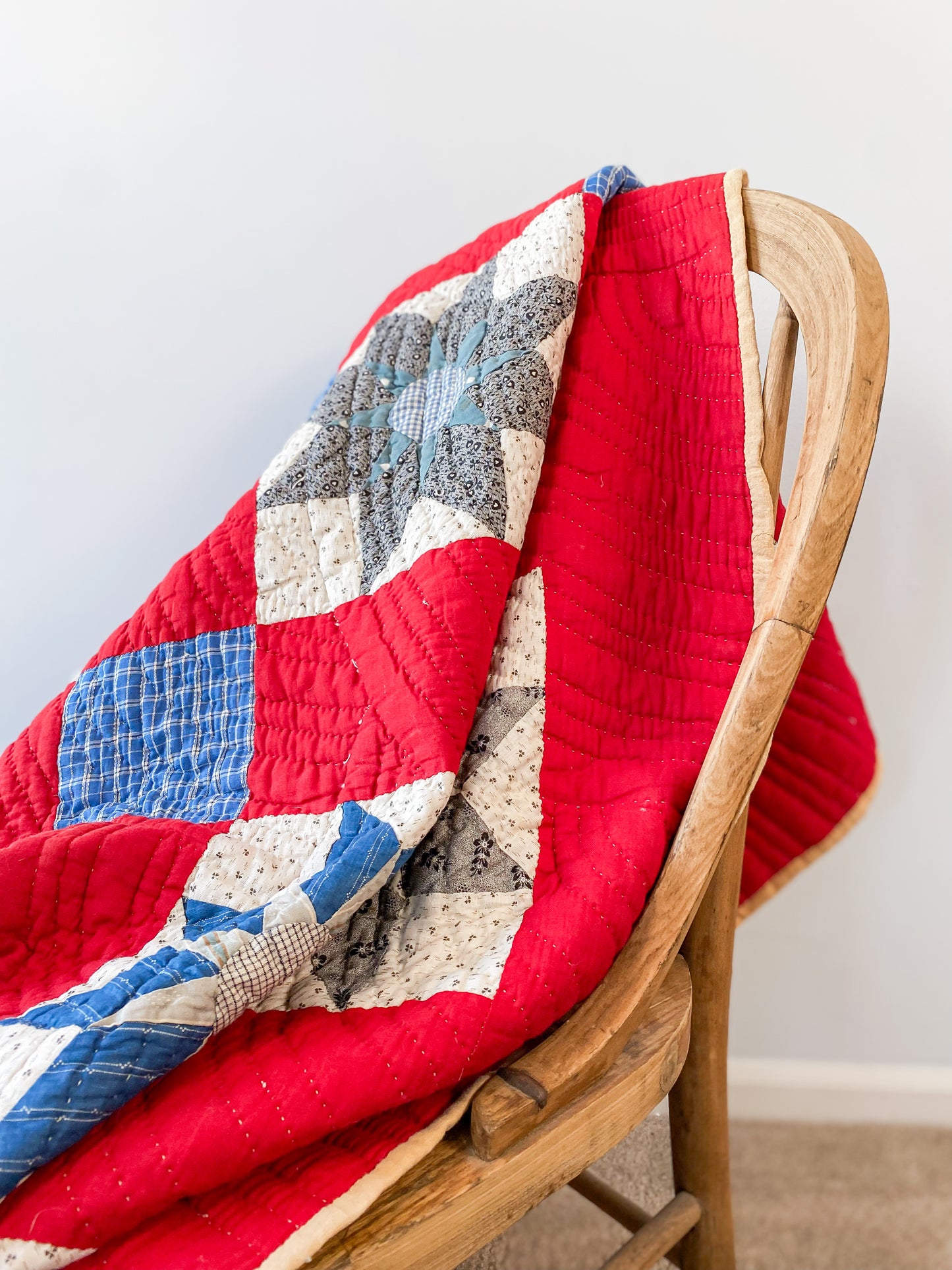 Antique Primitive Red Sunflower Quilt, c1910