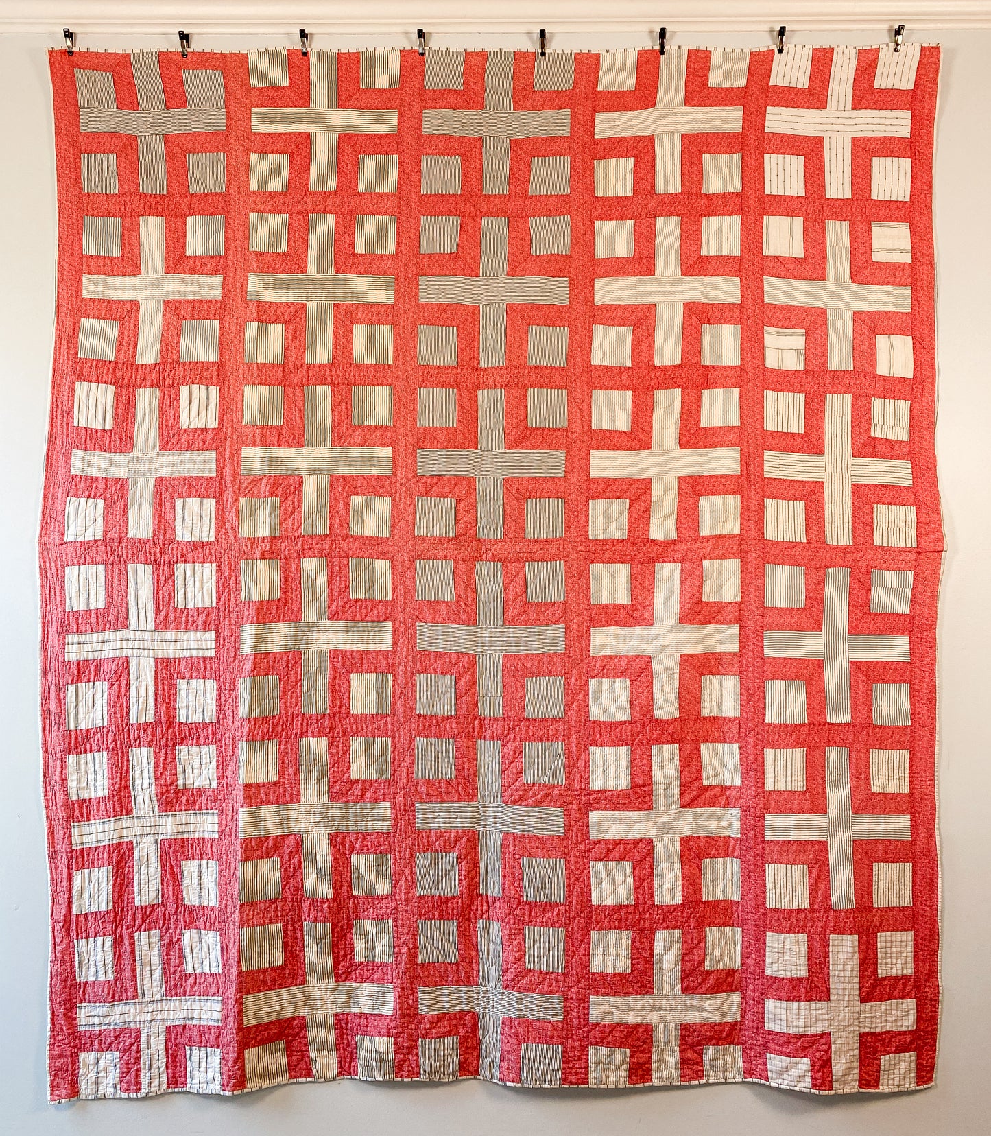 Vintage Crossed Square Pink and White Shirting Quilt, c1920