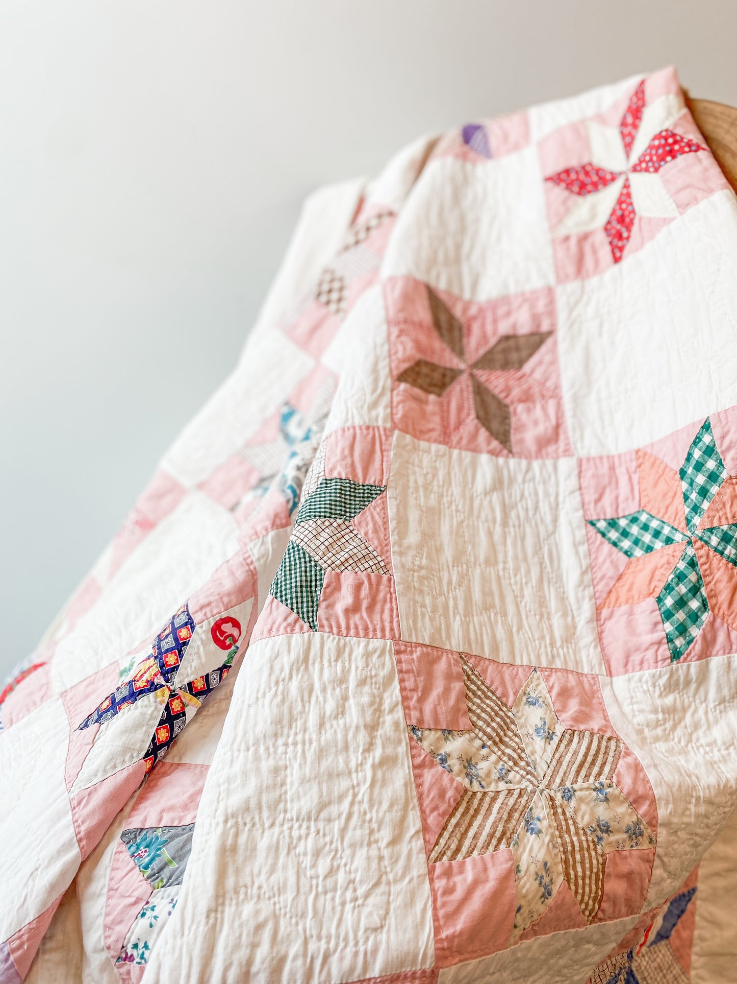 Vintage Pink and White 8-Point Star Quilt, c1940