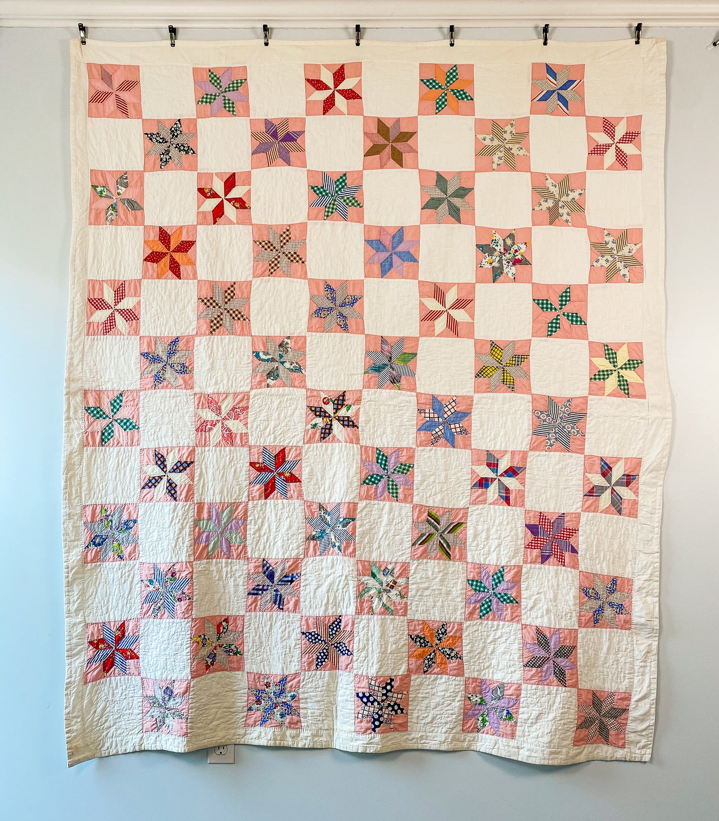 Vintage Pink and White 8-Point Star Quilt, c1940