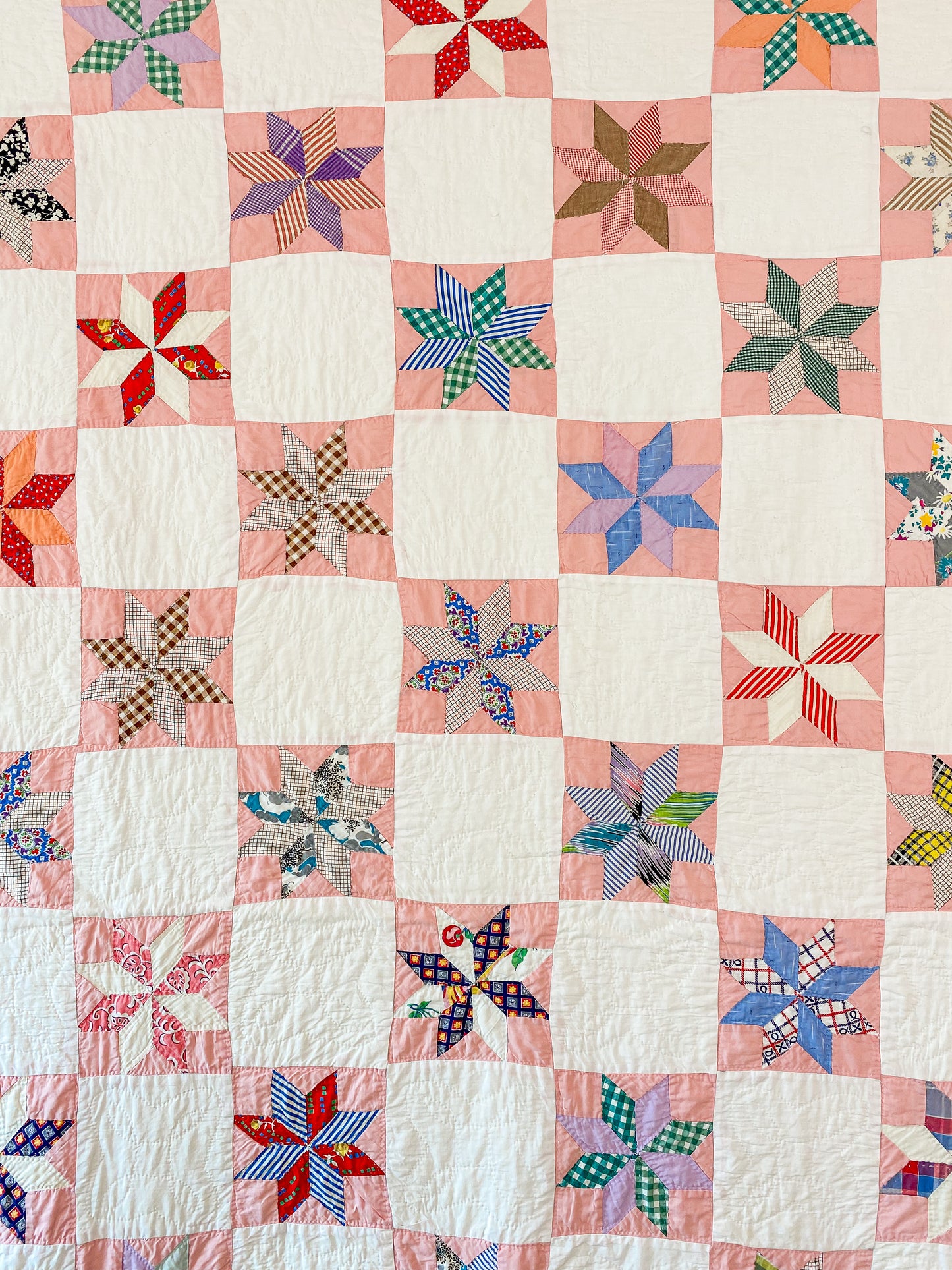 Vintage Pink and White 8-Point Star Quilt, c1940