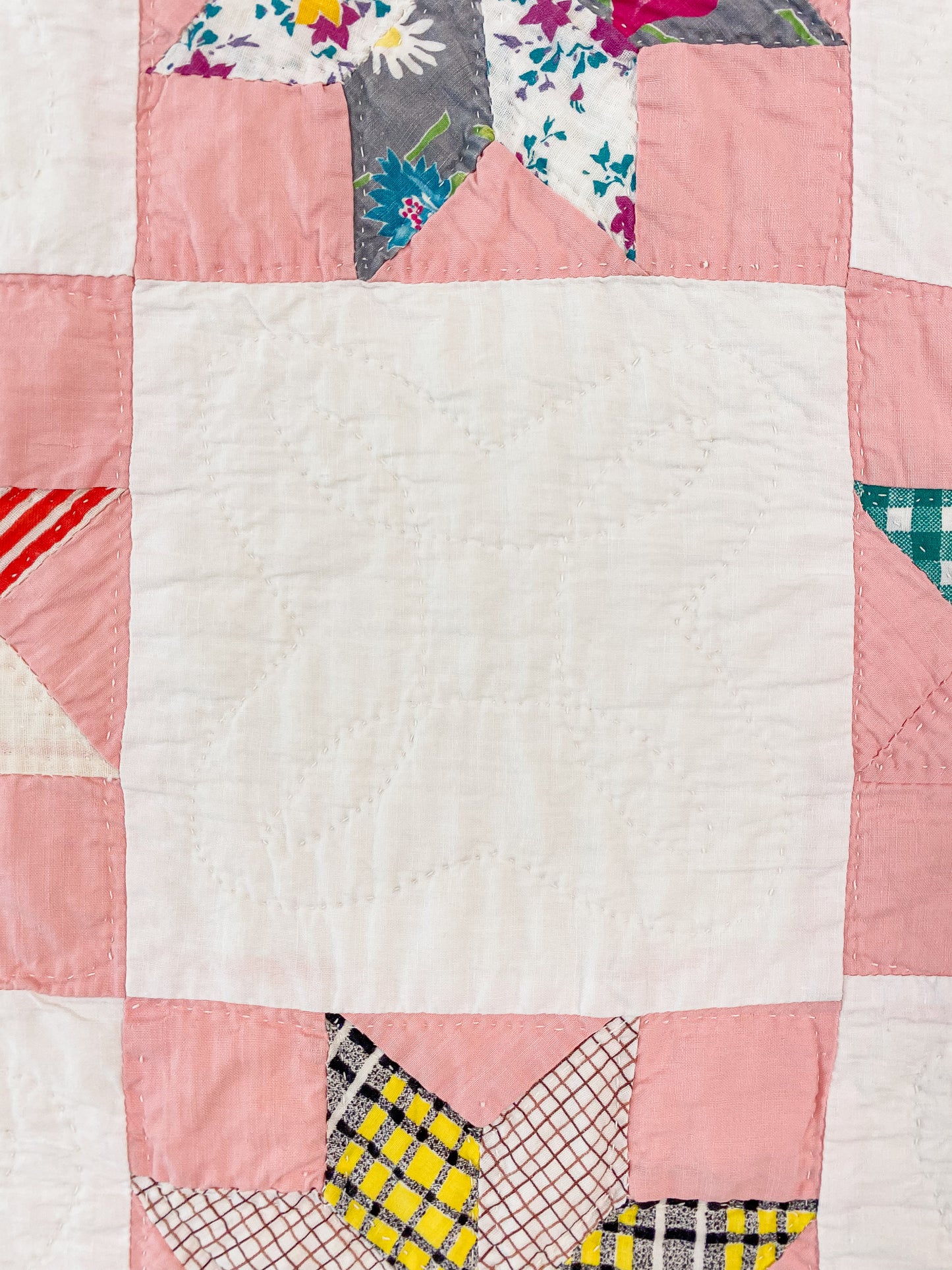 Vintage Pink and White 8-Point Star Quilt, c1940