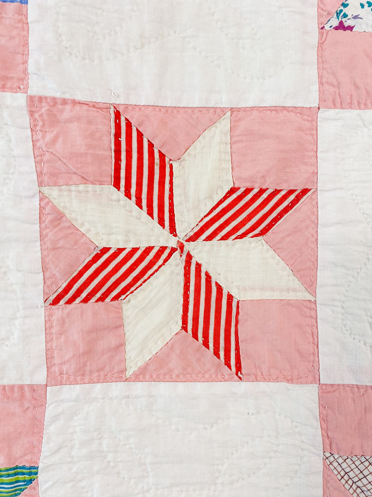 Vintage Pink and White 8-Point Star Quilt, c1940