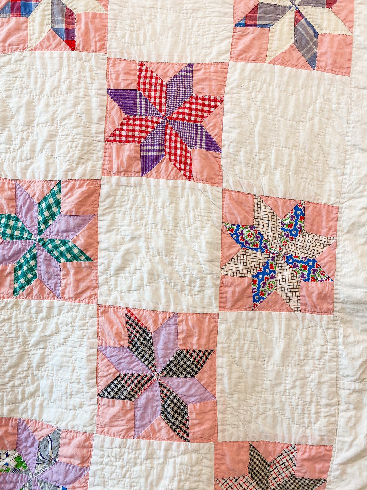 Vintage Pink and White 8-Point Star Quilt, c1940