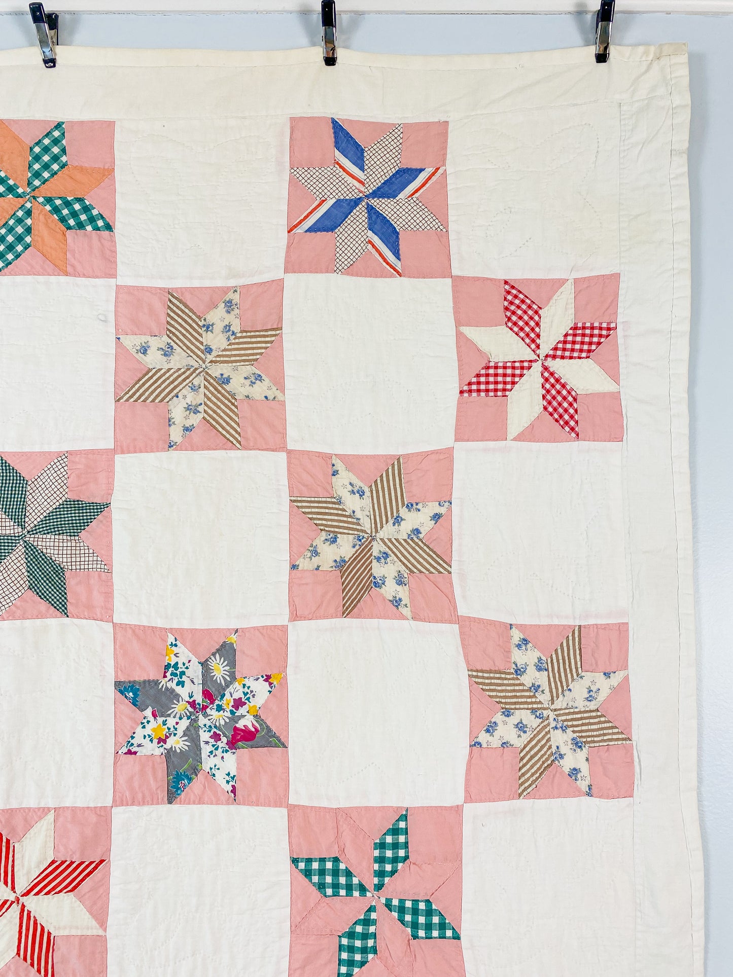 Vintage Pink and White 8-Point Star Quilt, c1940