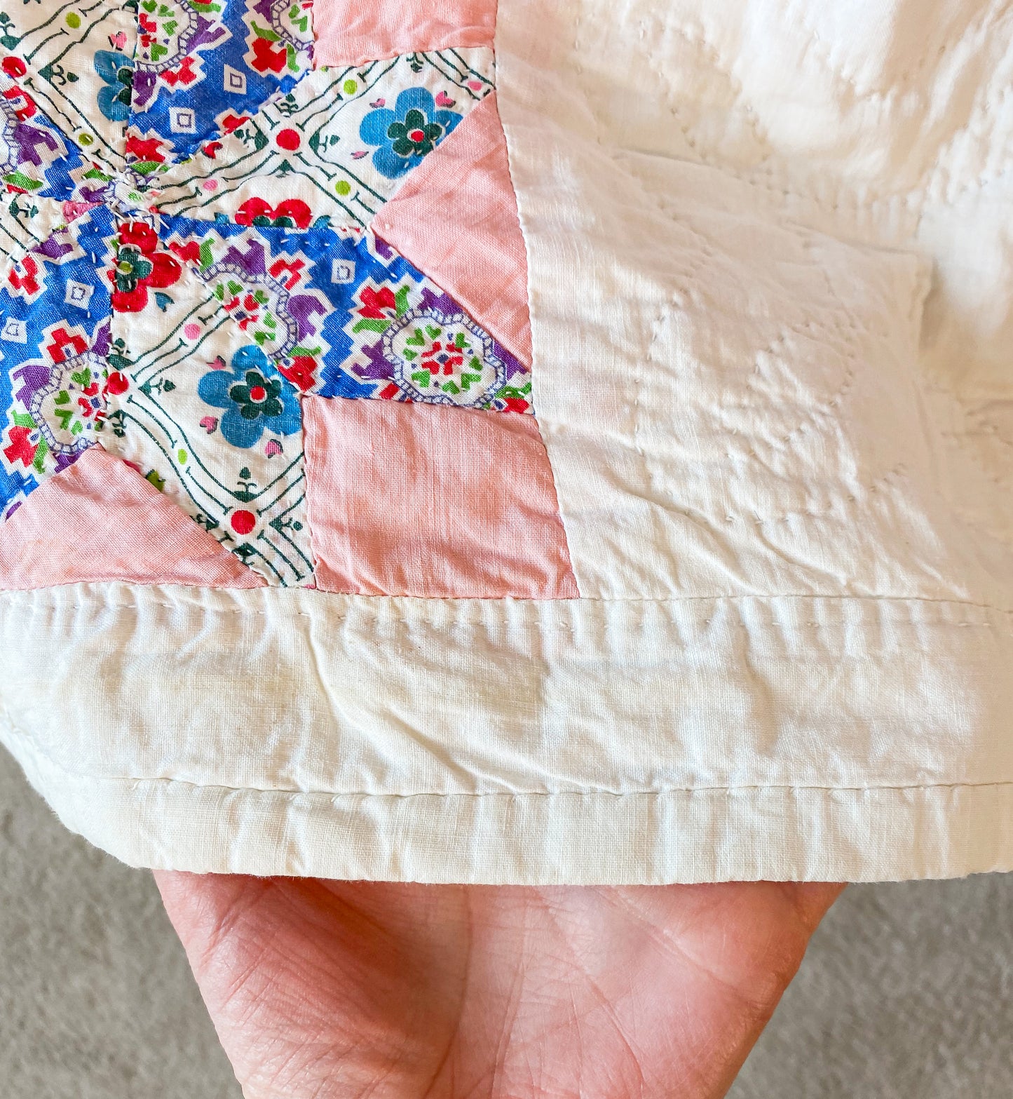 Vintage Pink and White 8-Point Star Quilt, c1940