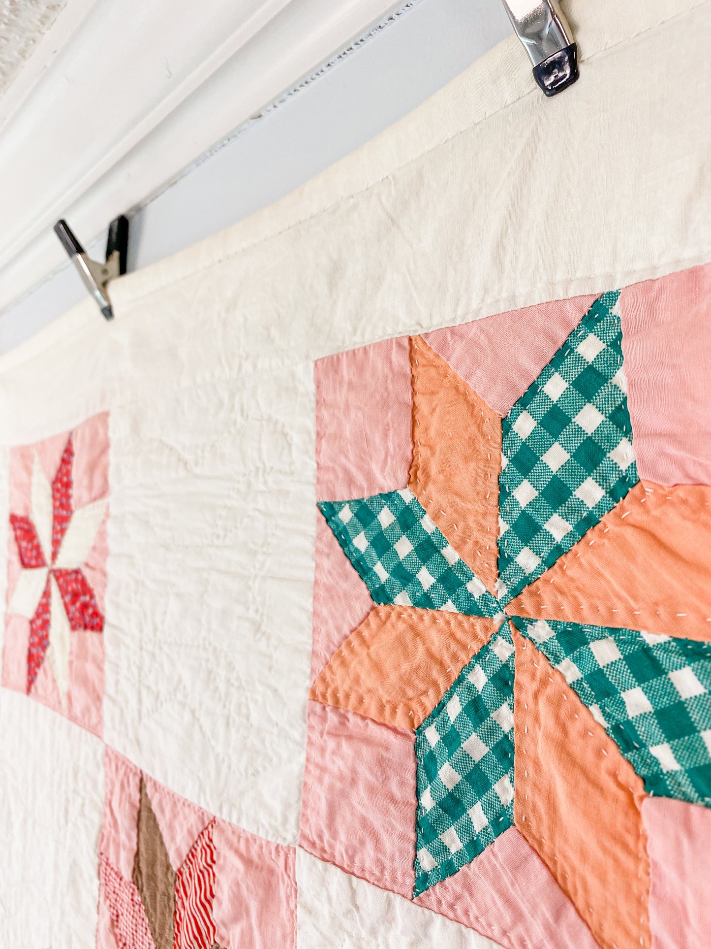 Vintage Pink and White 8-Point Star Quilt, c1940