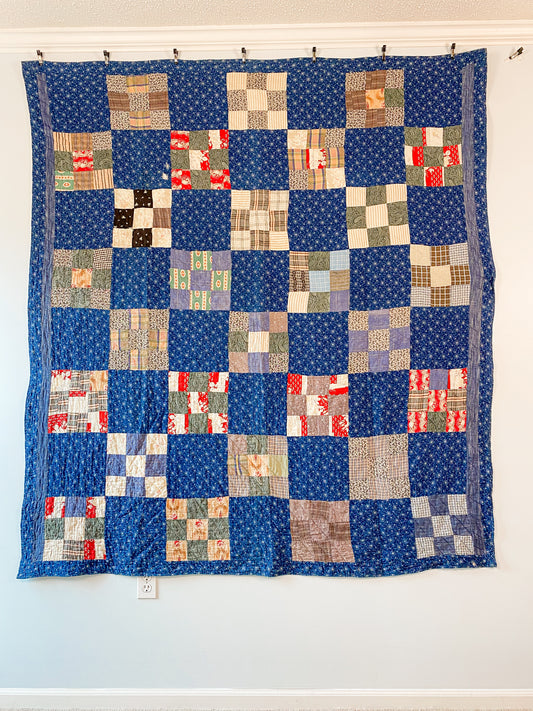 Antique Indigo Blue Nine Patch Quilt with Paisley Backing, c1900