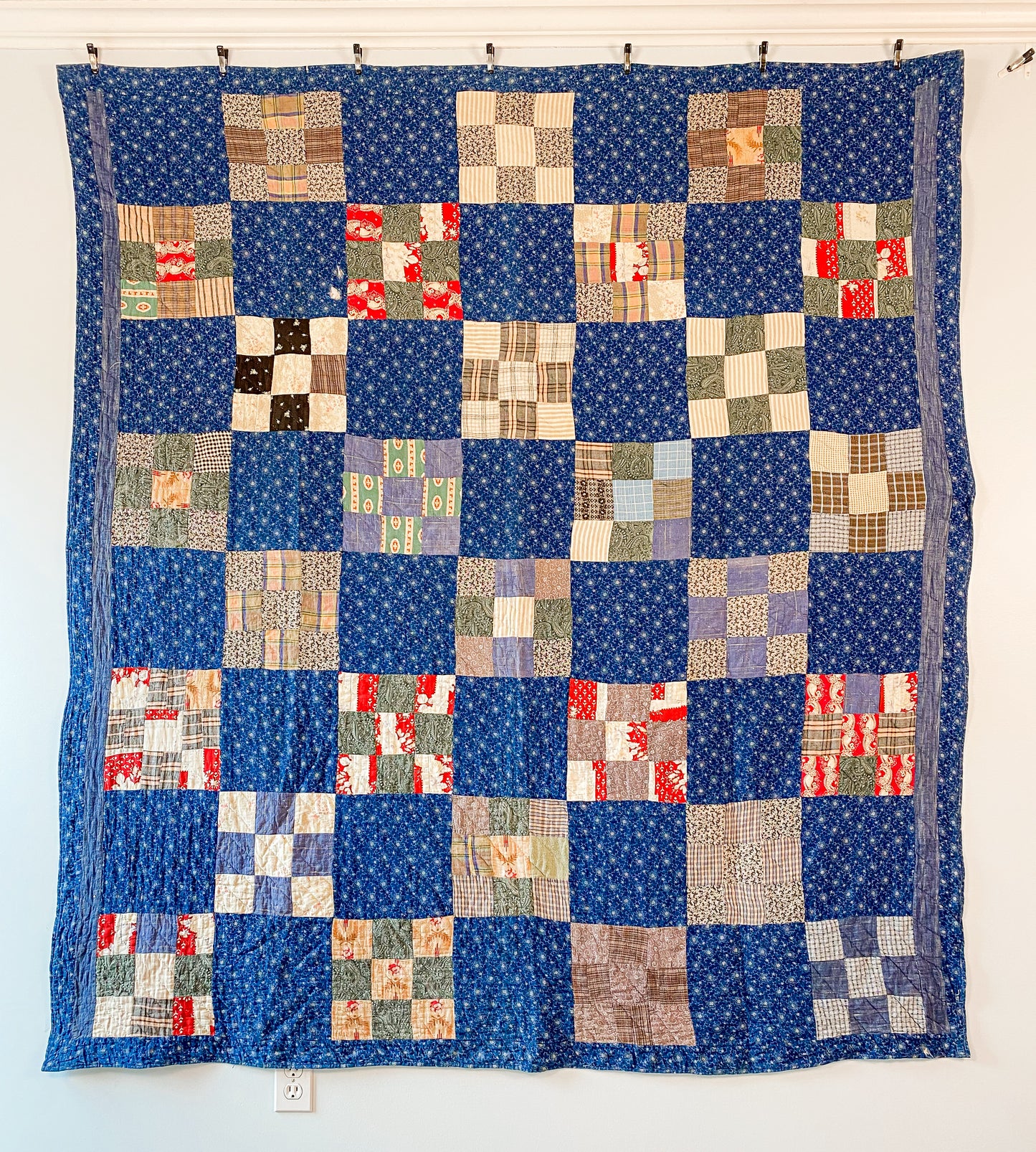 Antique Indigo Blue Nine Patch Quilt with Paisley Backing, c1900