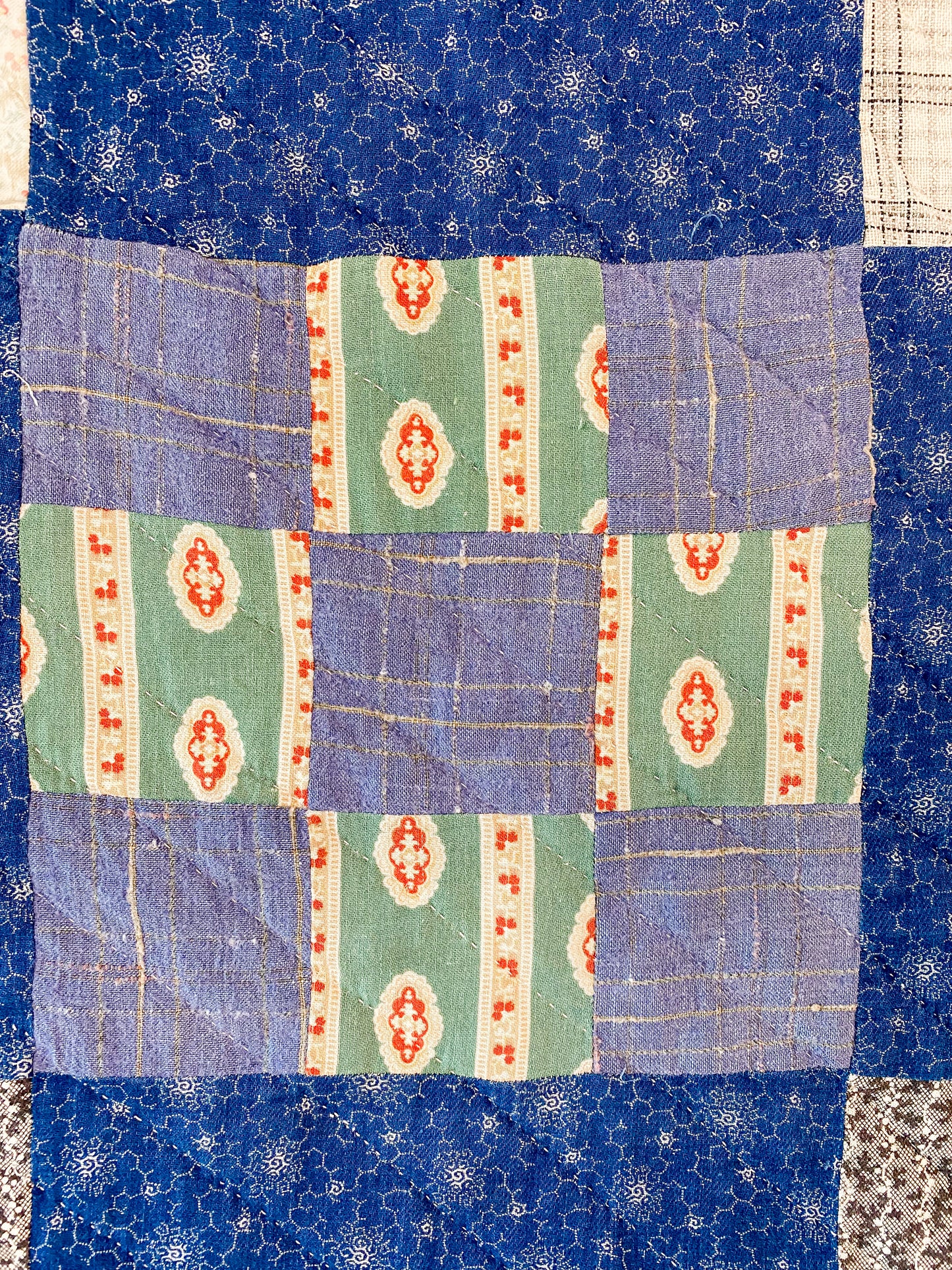 Antique Indigo Blue Nine Patch Quilt with Paisley Backing, c1900