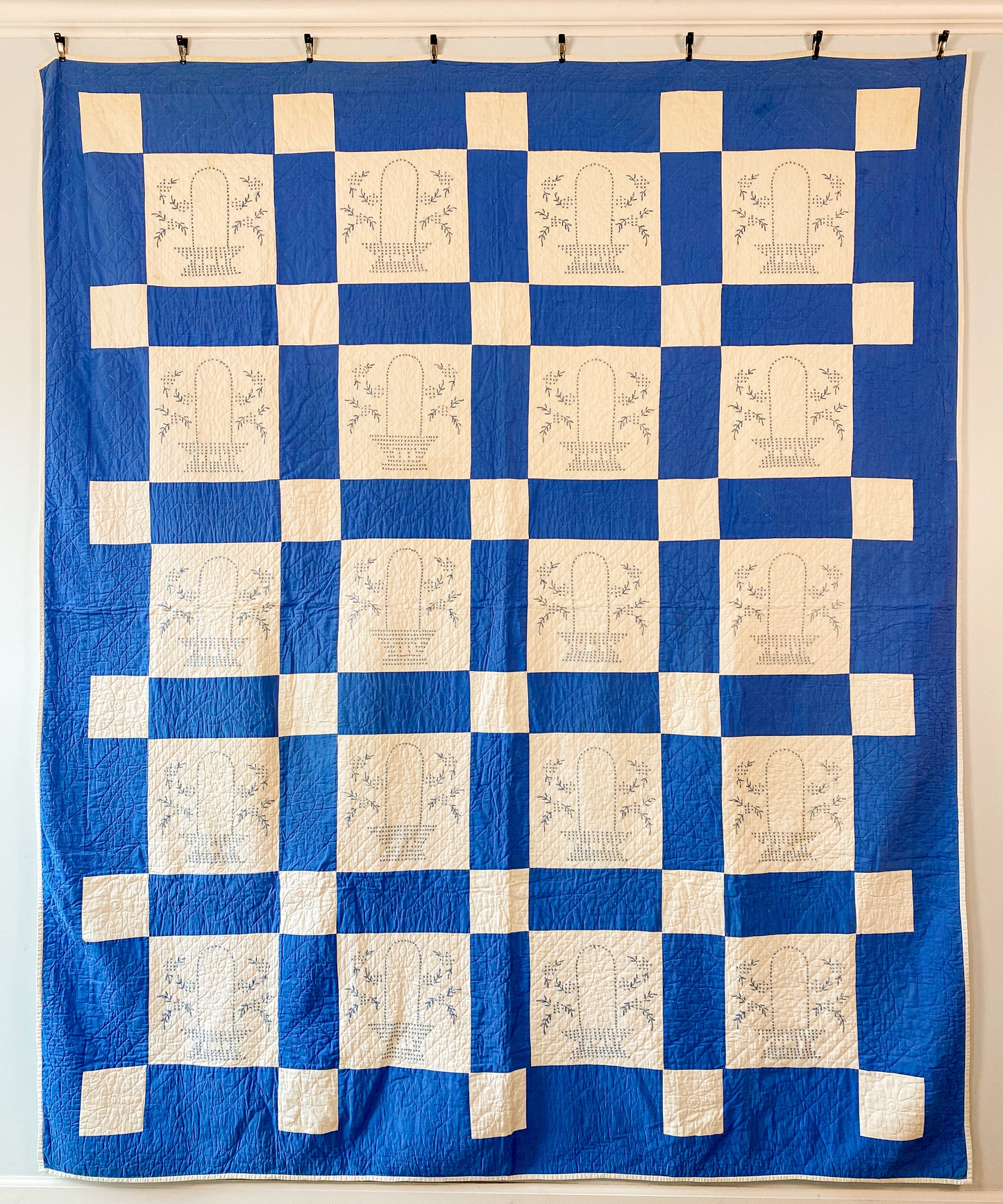 Vintage Blue and White Embroidered Flower Basket Quilt