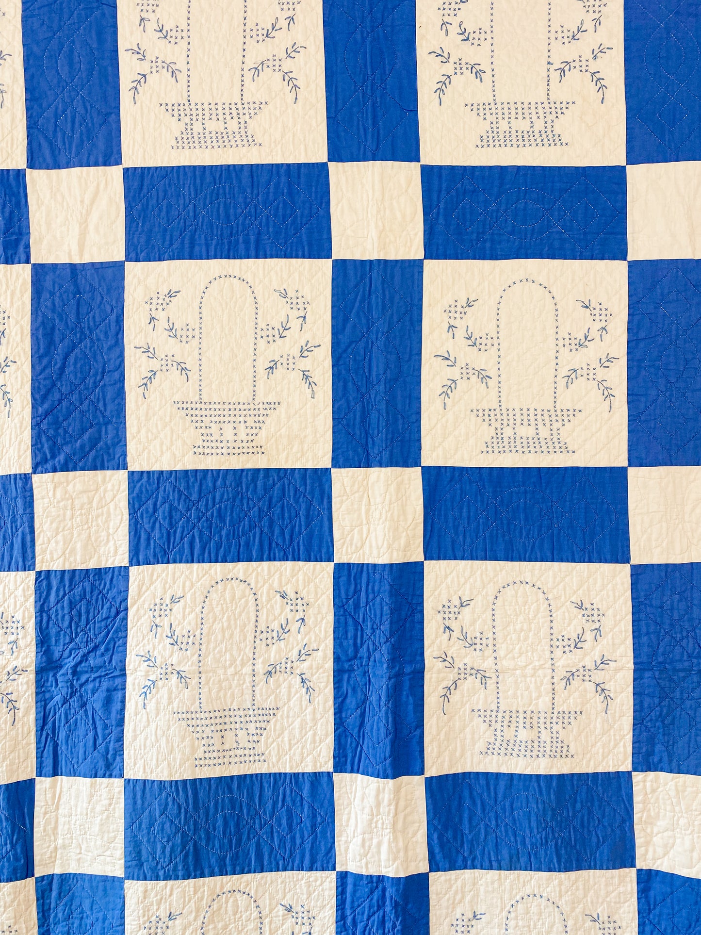 Vintage Blue and White Embroidered Flower Basket Quilt