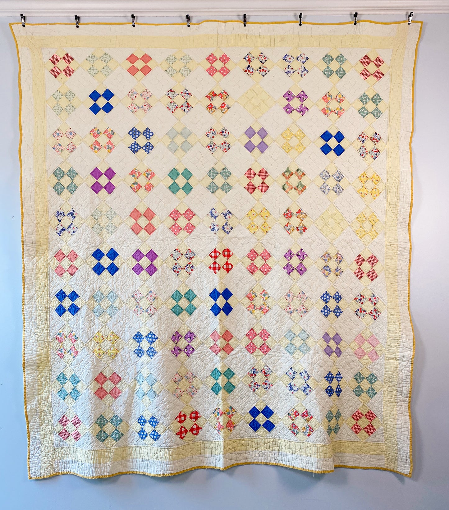 Vintage Yellow Nine Patch on Point Quilt, c1940