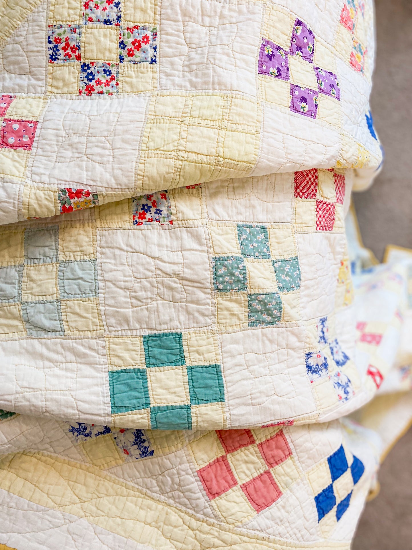 Vintage Yellow Nine Patch on Point Quilt, c1940