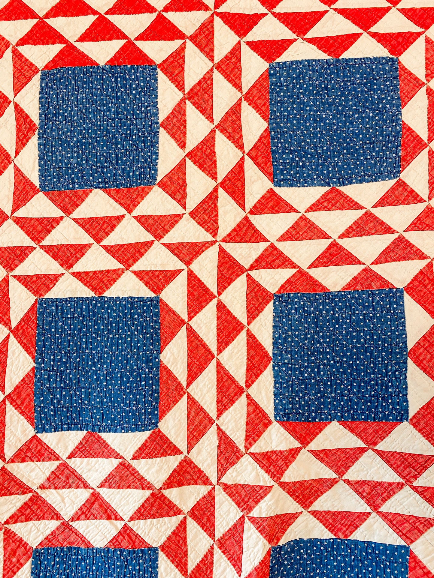 Antique Red White and Blue Ocean Waves Quilt, c1920