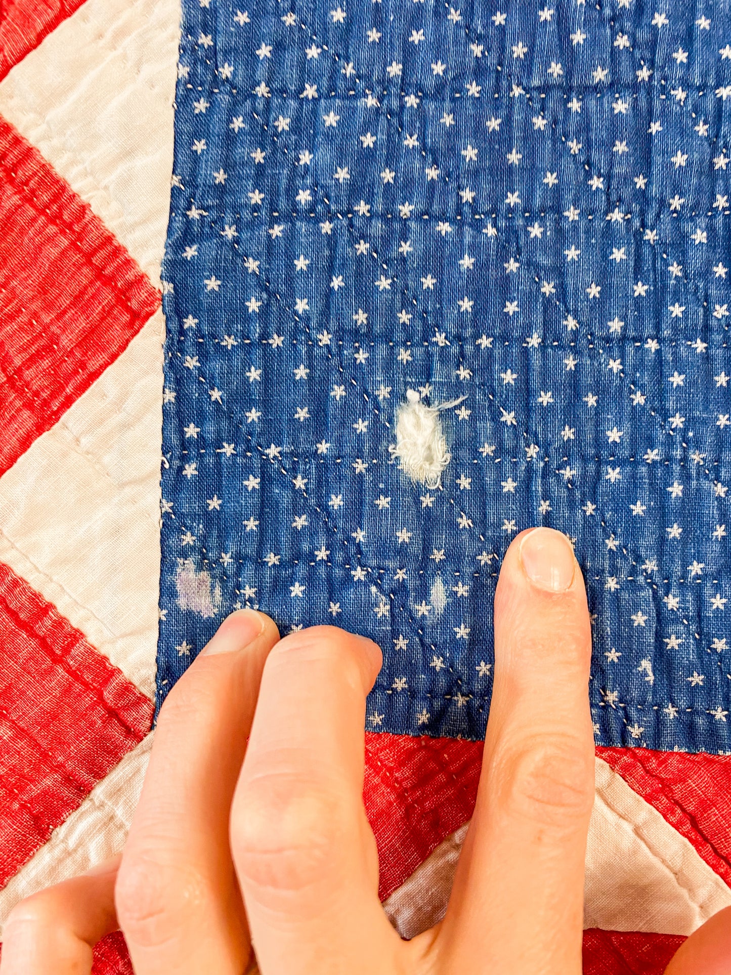 Antique Red White and Blue Ocean Waves Quilt, c1920