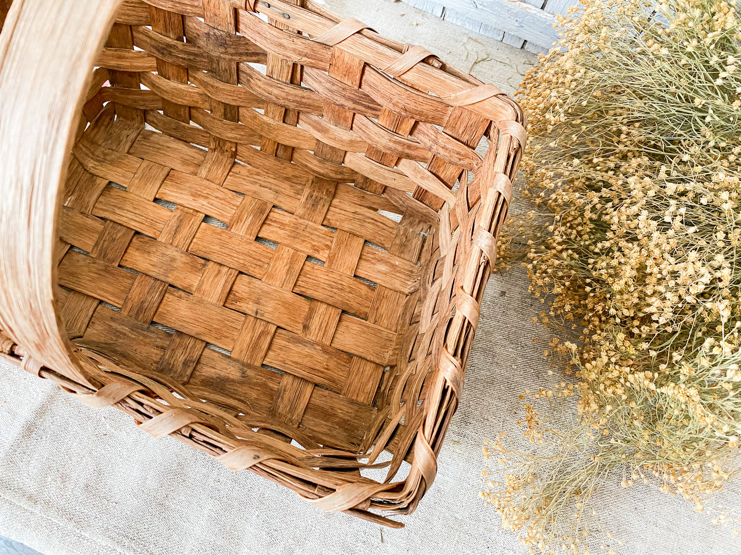 Vintage Split Wood Rectangular Woven Market Basket with Handle