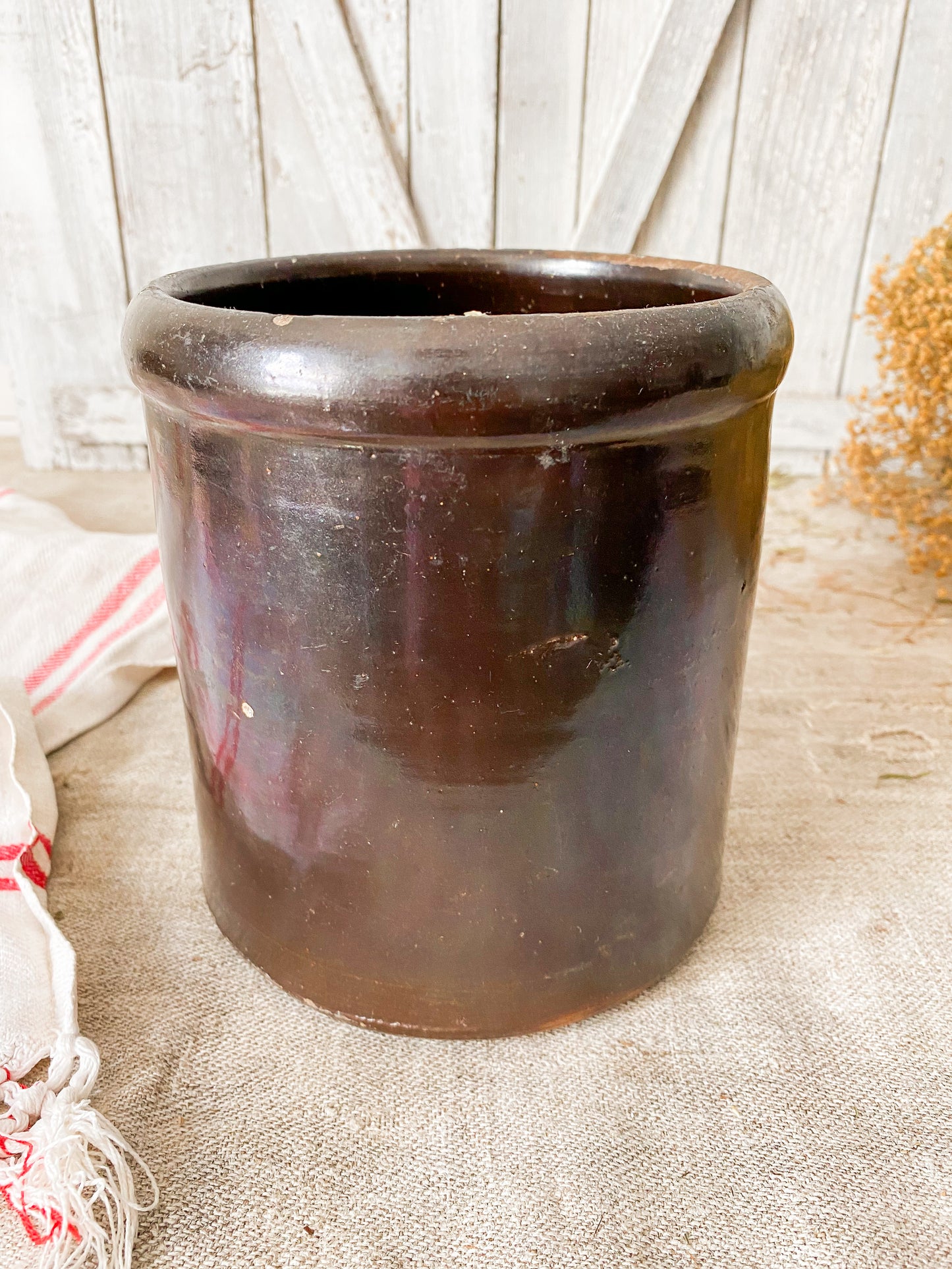 Vintage Brown Glaze Stoneware Crock Jar | Modern Farmhouse Decor