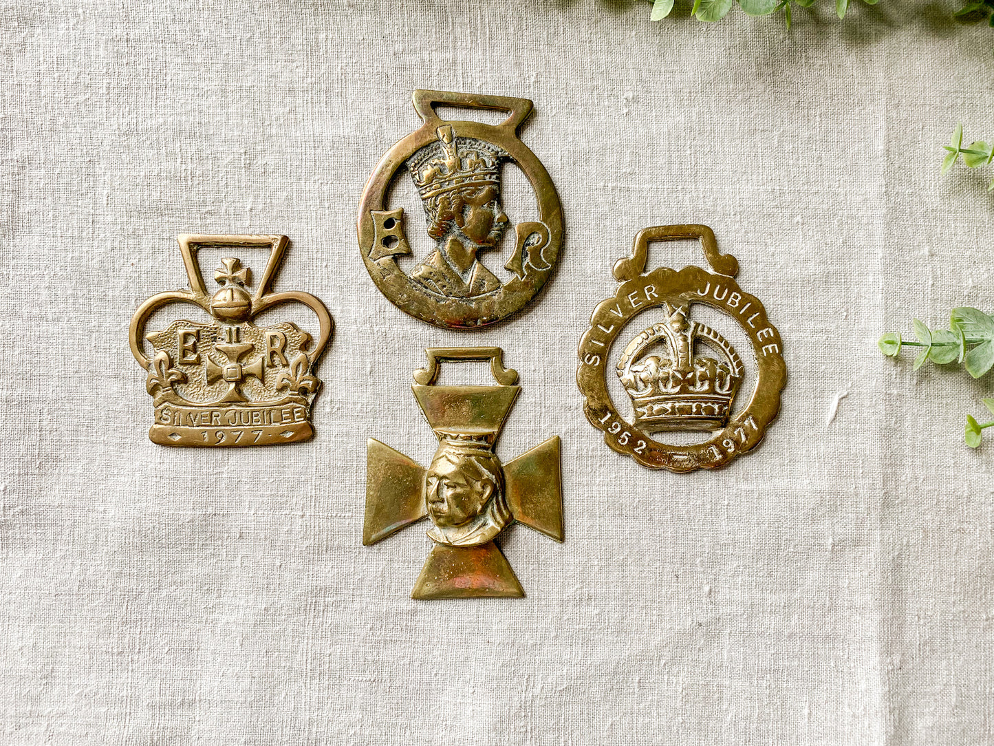 Vintage English Horse Brass Bridle Medallions - Queen Elizabeth II & Queen Victoria