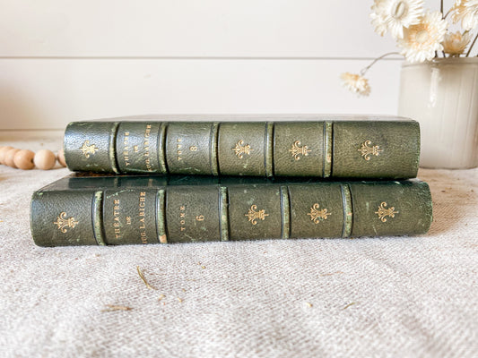 Antique Set of 2 Green Leatherbound French Drama Books with Marbled Endpapers | Theatre Complet de Eugene Labiche, 1892