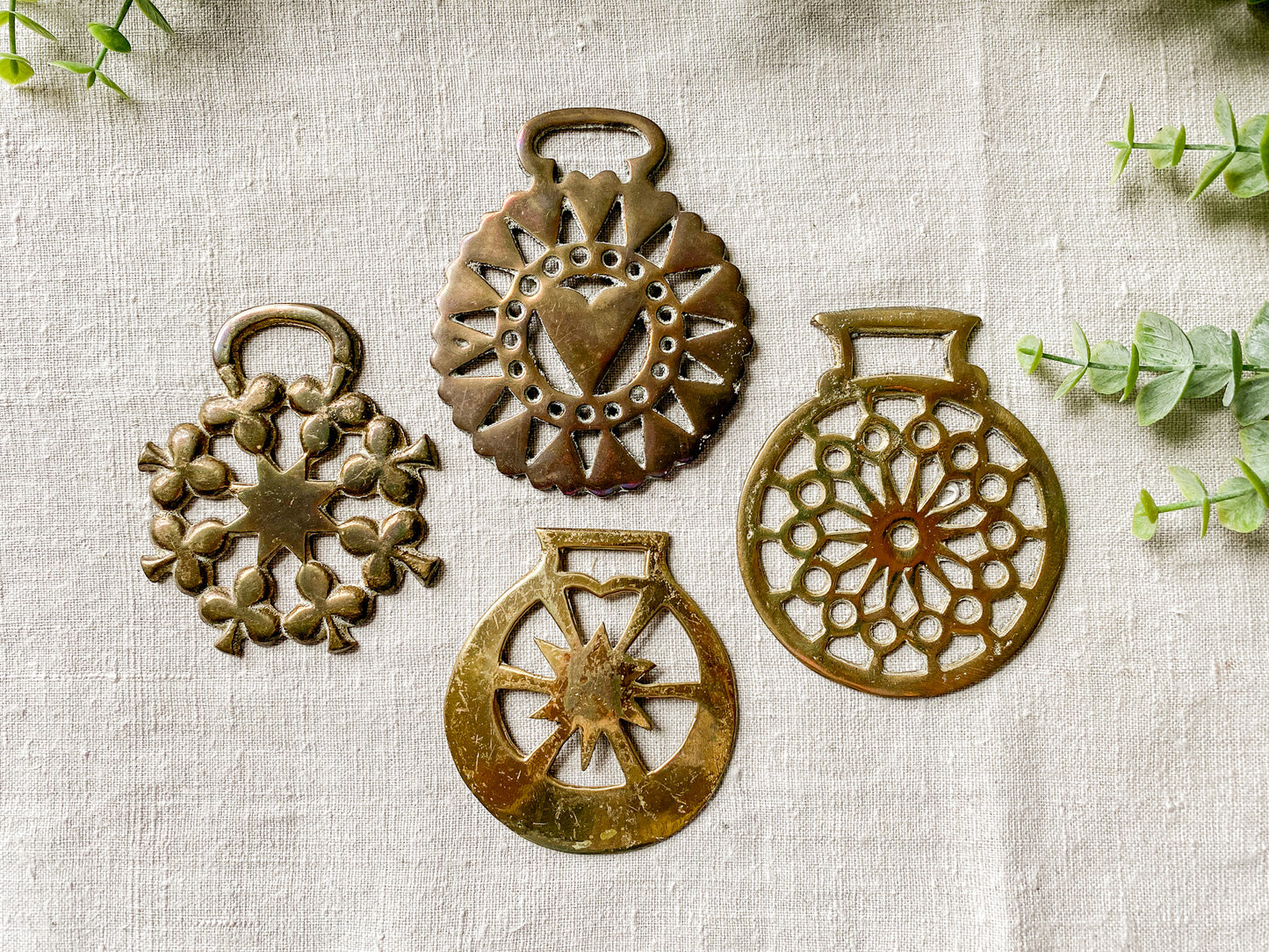 Vintage English Horse Brass Bridle Medallions - Hearts & Stars