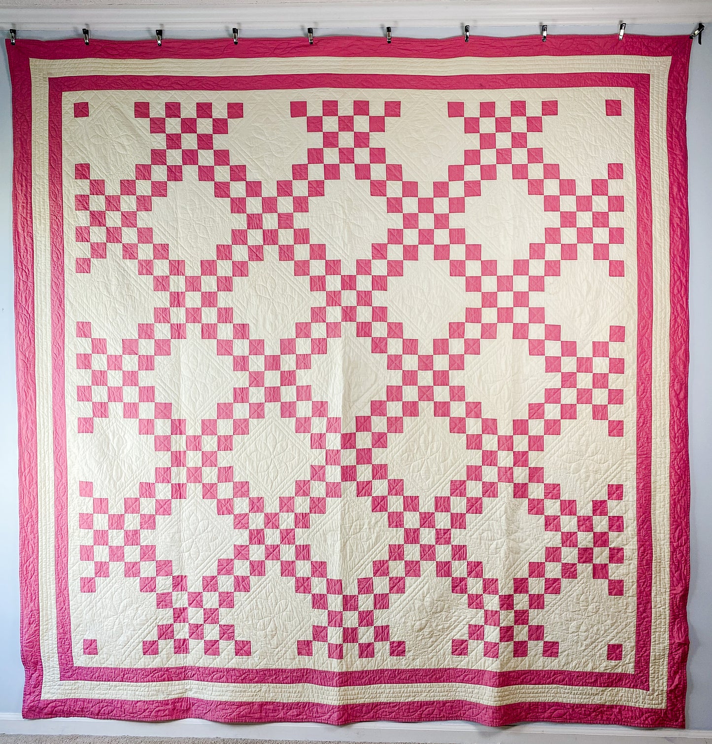 Vintage Pink and Cream Double Irish Chain Quilt, c1930