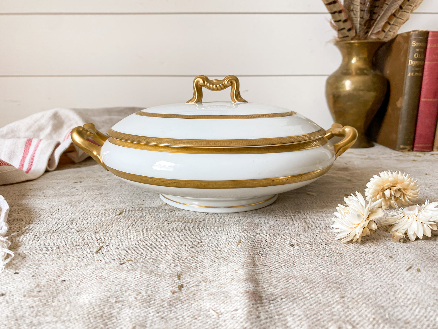 Vintage White French Porcelain Round Serving Dish with Gold Trim | D & C France