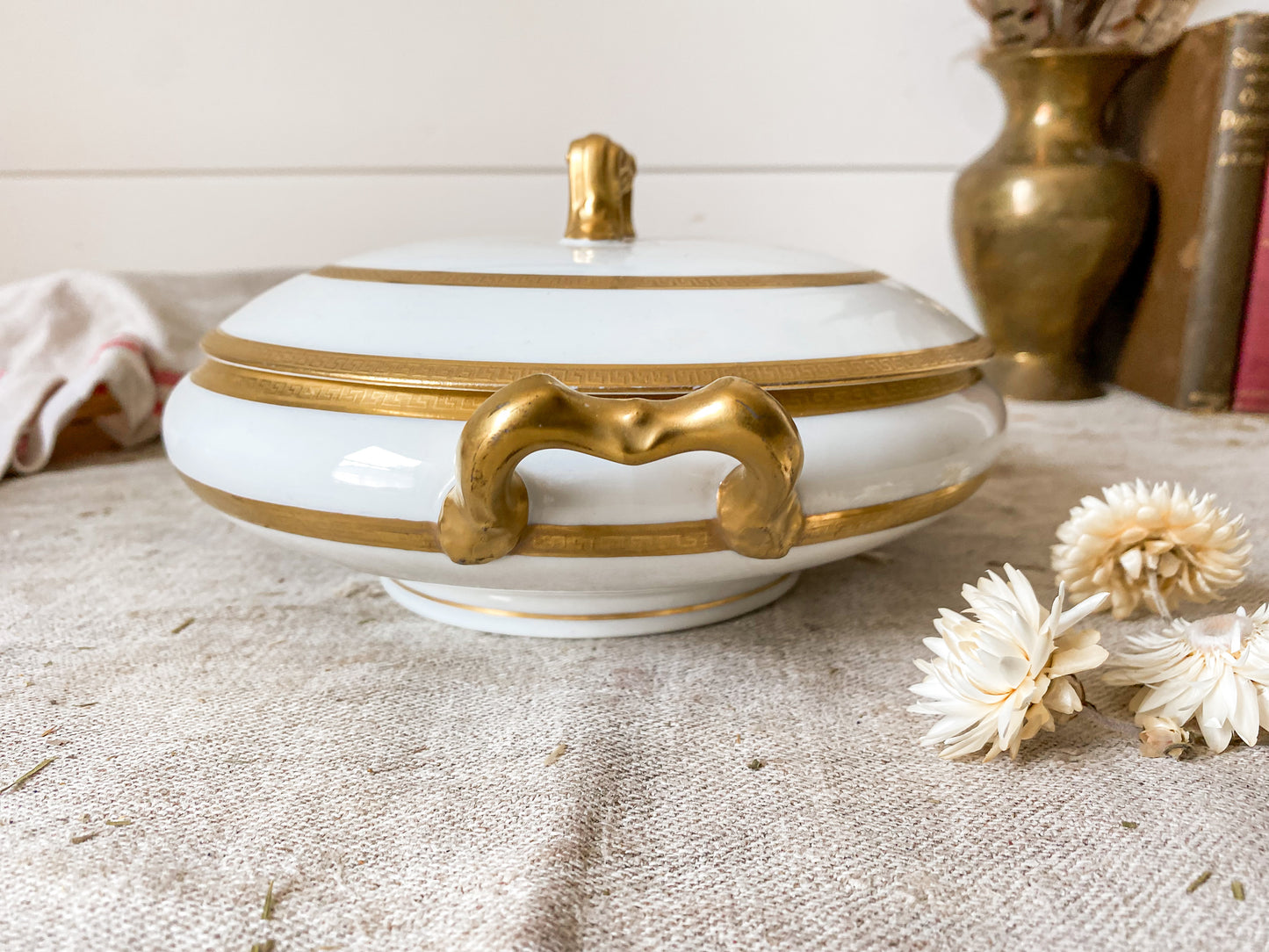 Vintage White French Porcelain Round Serving Dish with Gold Trim | D & C France