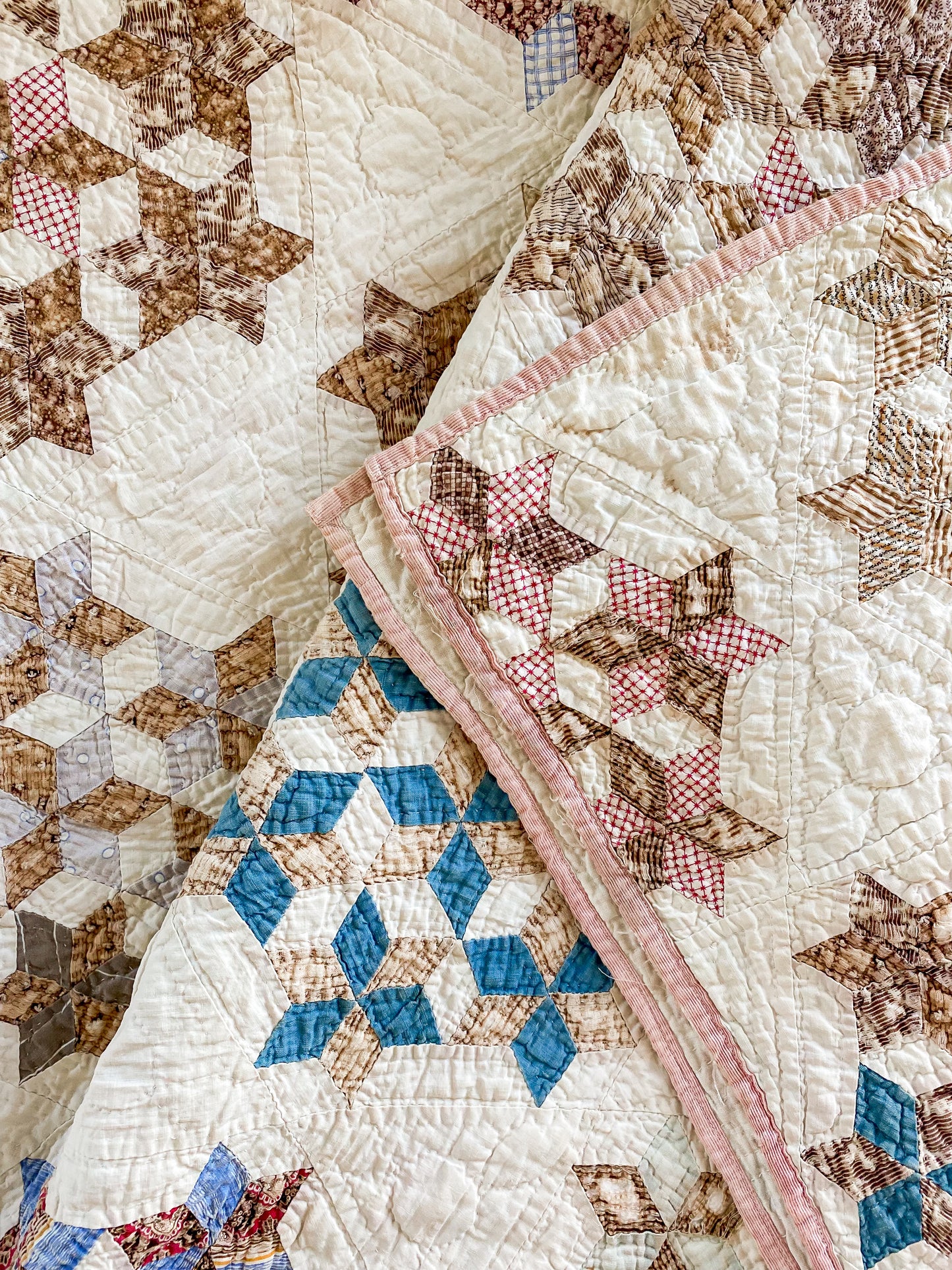 Antique Brown and Blue Seven Stars Quilt, c1910