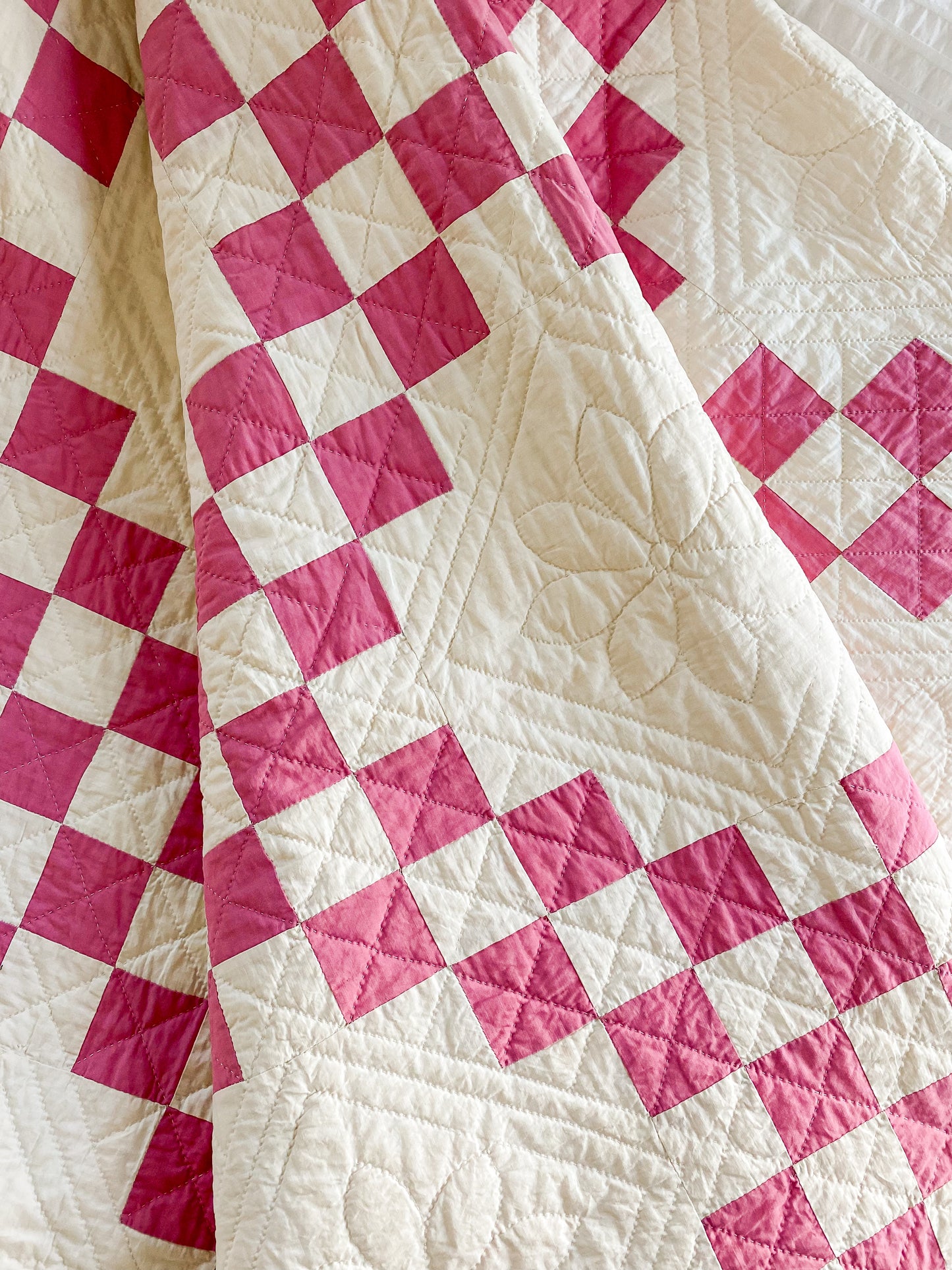 Vintage Pink and Cream Double Irish Chain Quilt, c1930