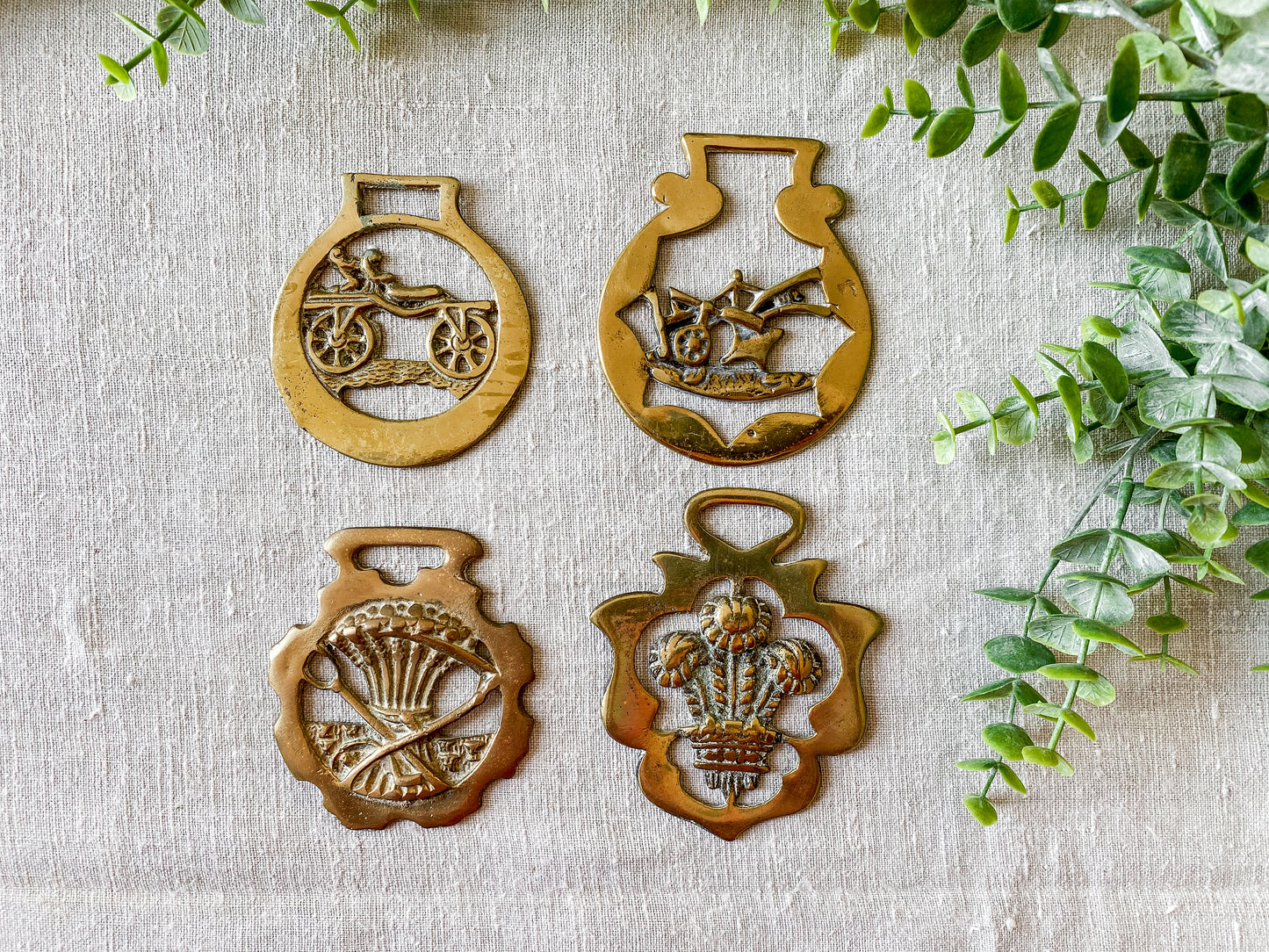 Vintage English Horse Brass Bridle Medals - Agrarian & Flora