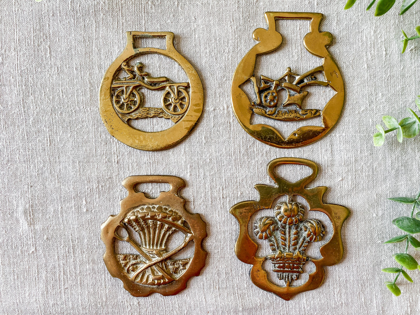 Vintage English Horse Brass Bridle Medals - Agrarian & Flora