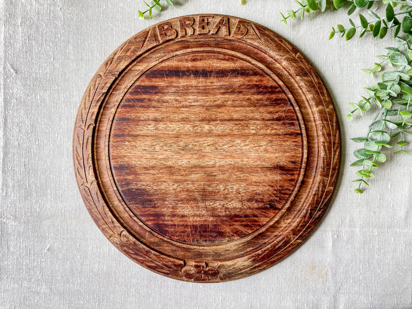 Vintage Carved Round Bread Board by Bramhall Woodware