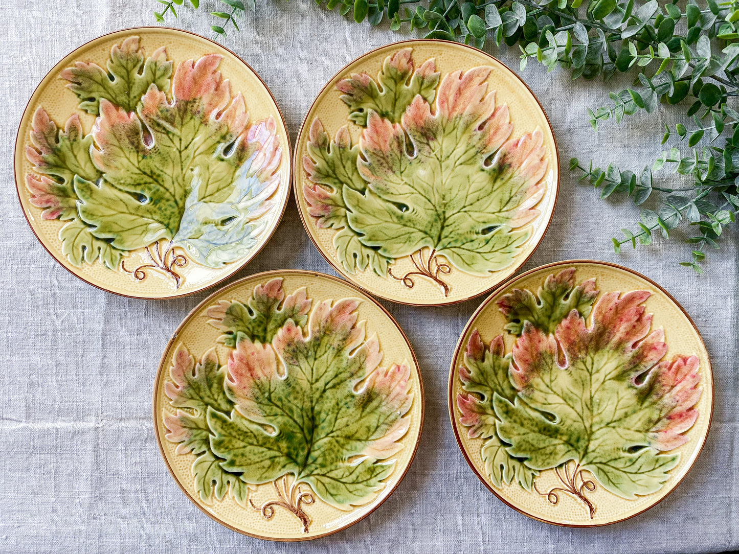 Set of 4 Vintage German Majolica Leaf Plates