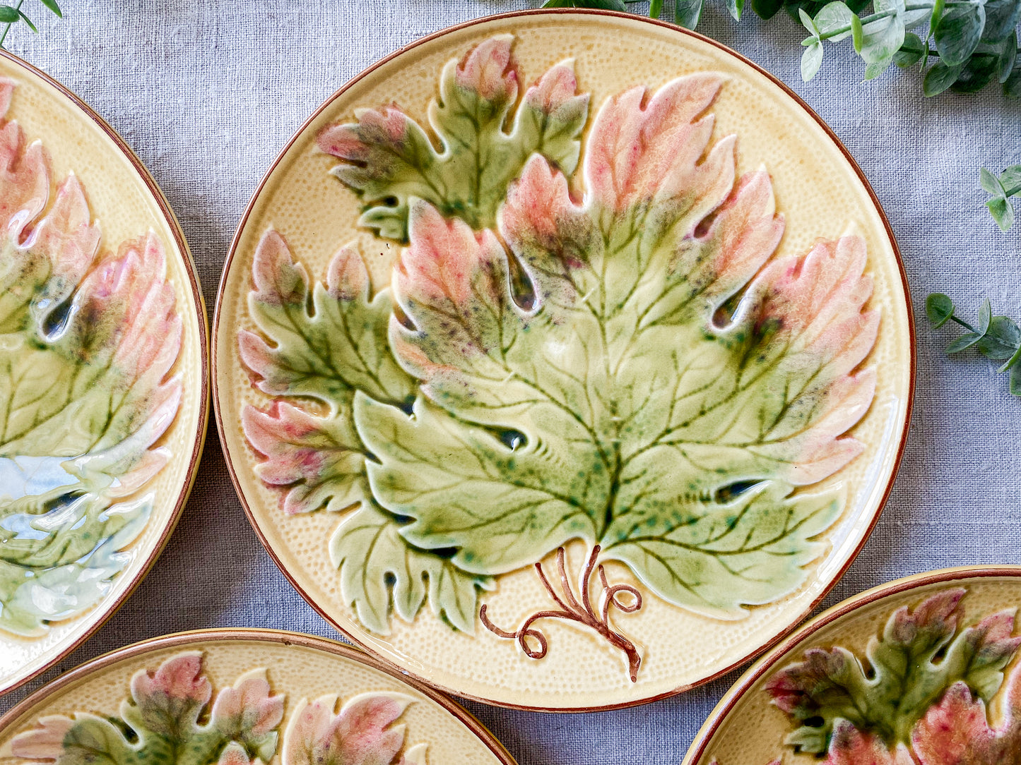 Set of 4 Vintage German Majolica Leaf Plates