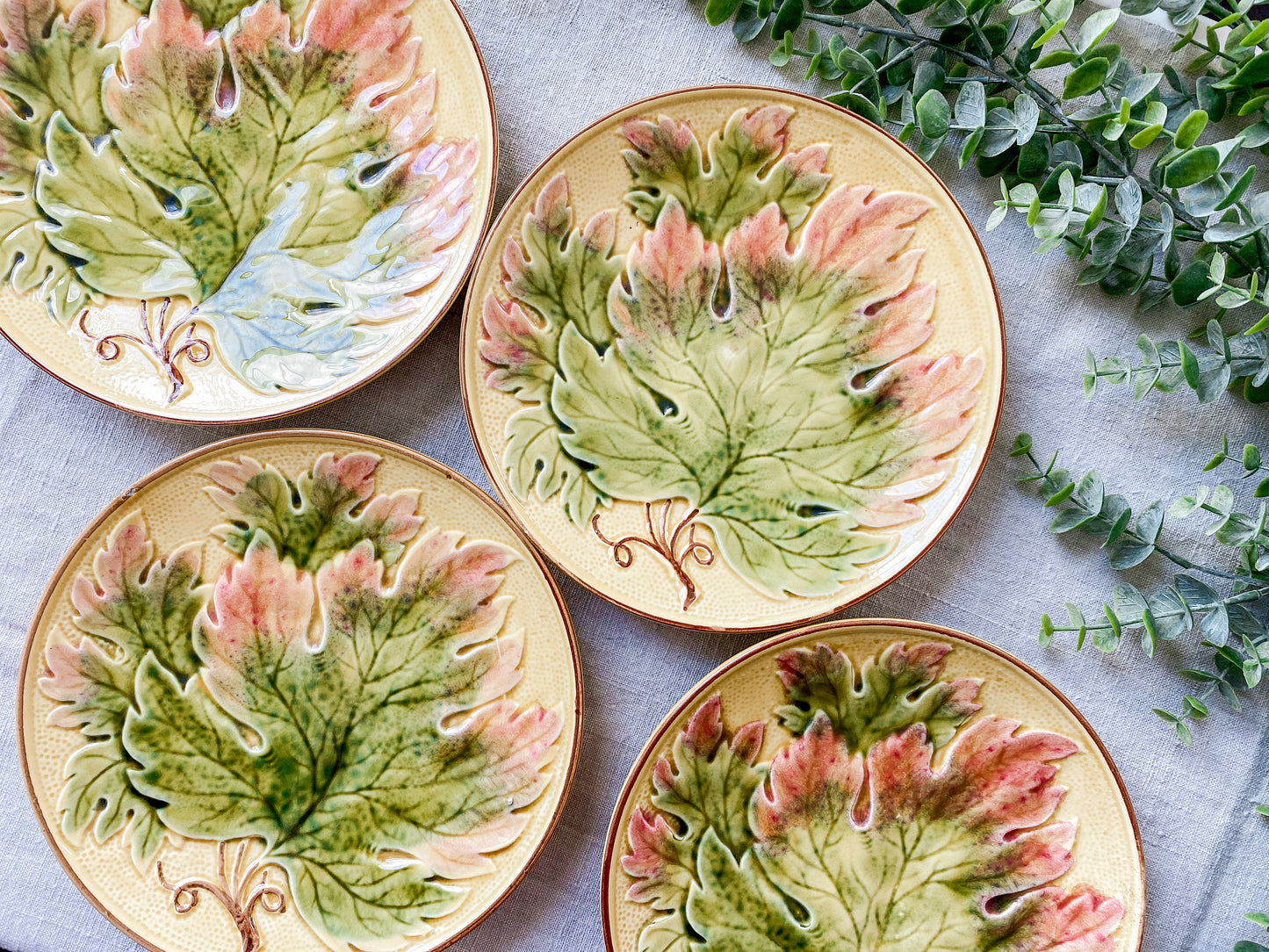 Set of 4 Vintage German Majolica Leaf Plates