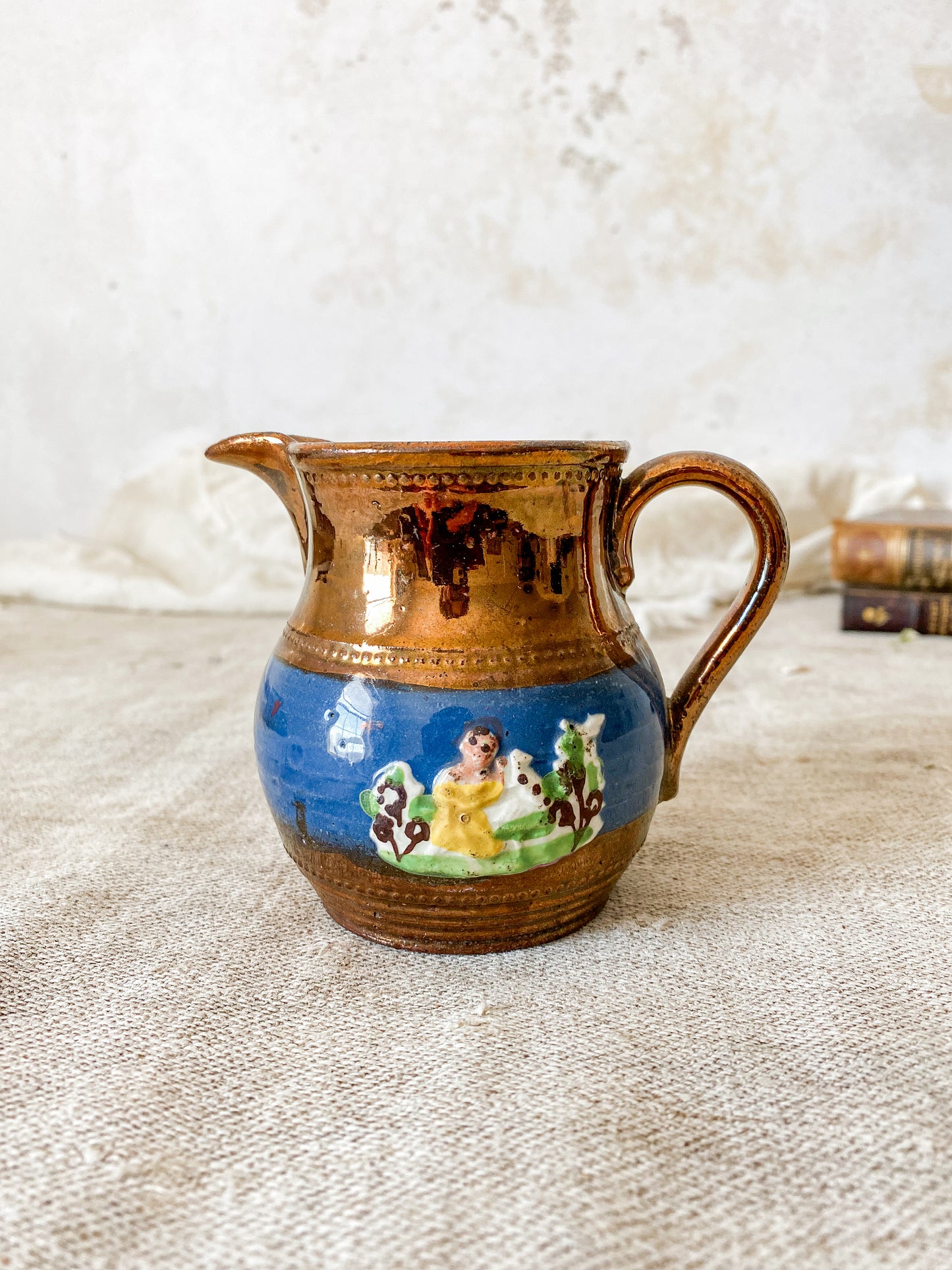 Antique Copper Luster 3.5" Pitcher with Pastoral Scene