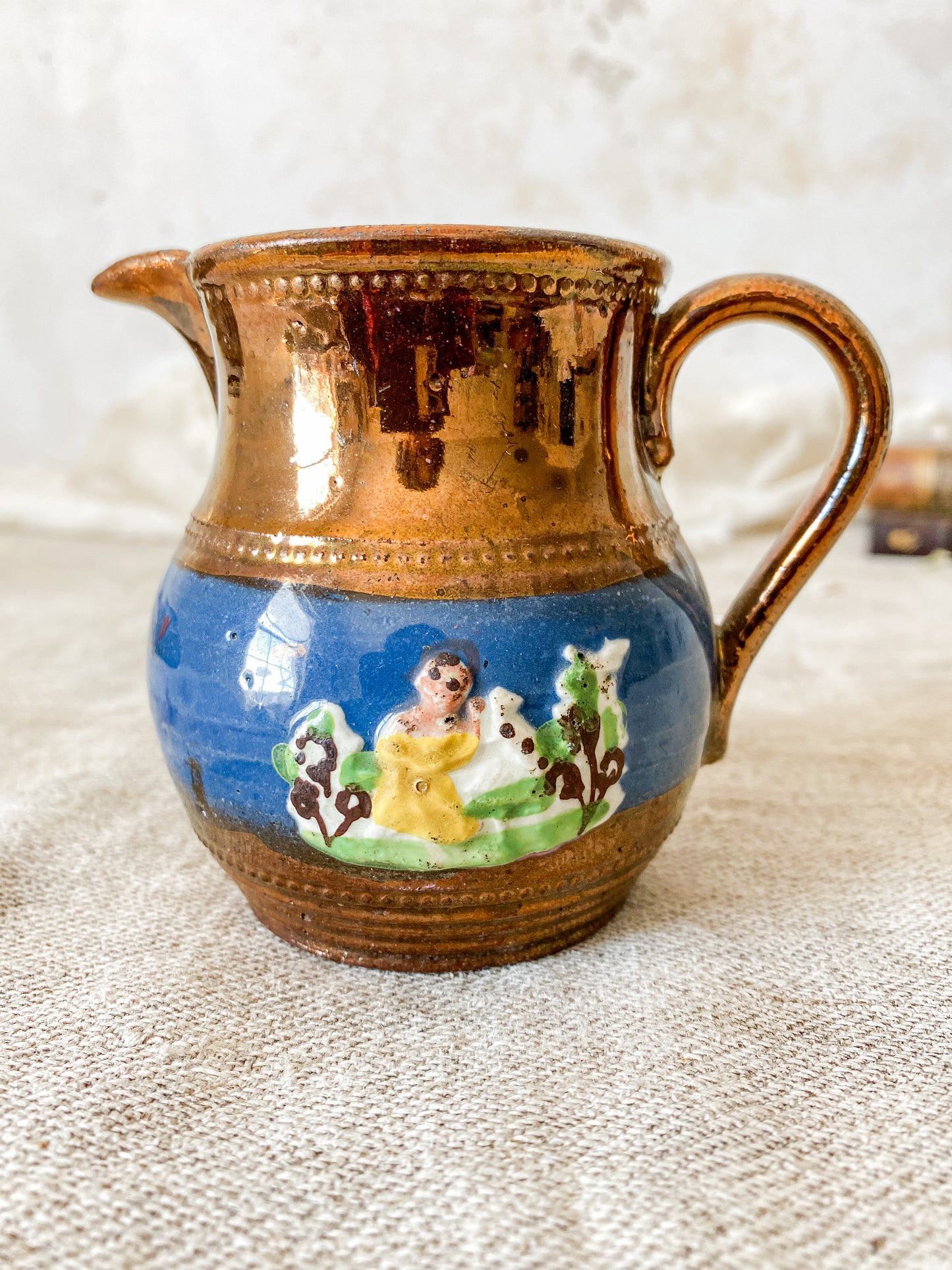 Antique Copper Luster 3.5" Pitcher with Pastoral Scene