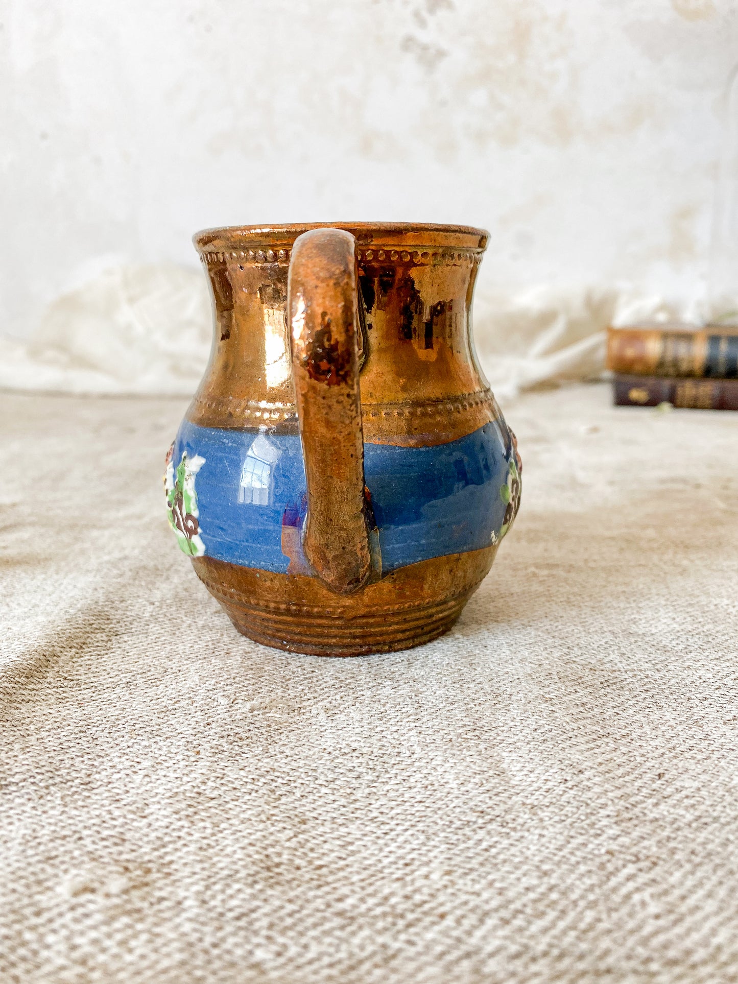 Antique Copper Luster 3.5" Pitcher with Pastoral Scene