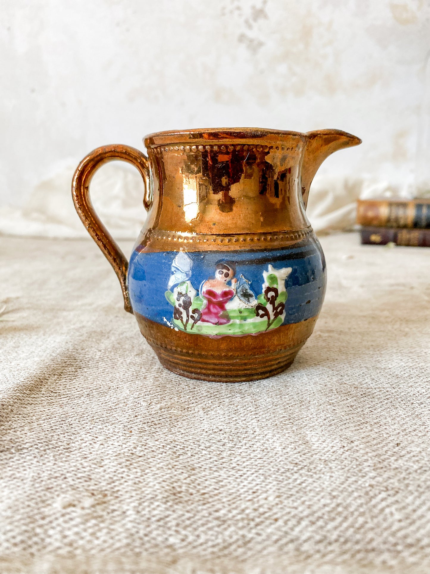 Antique Copper Luster 3.5" Pitcher with Pastoral Scene