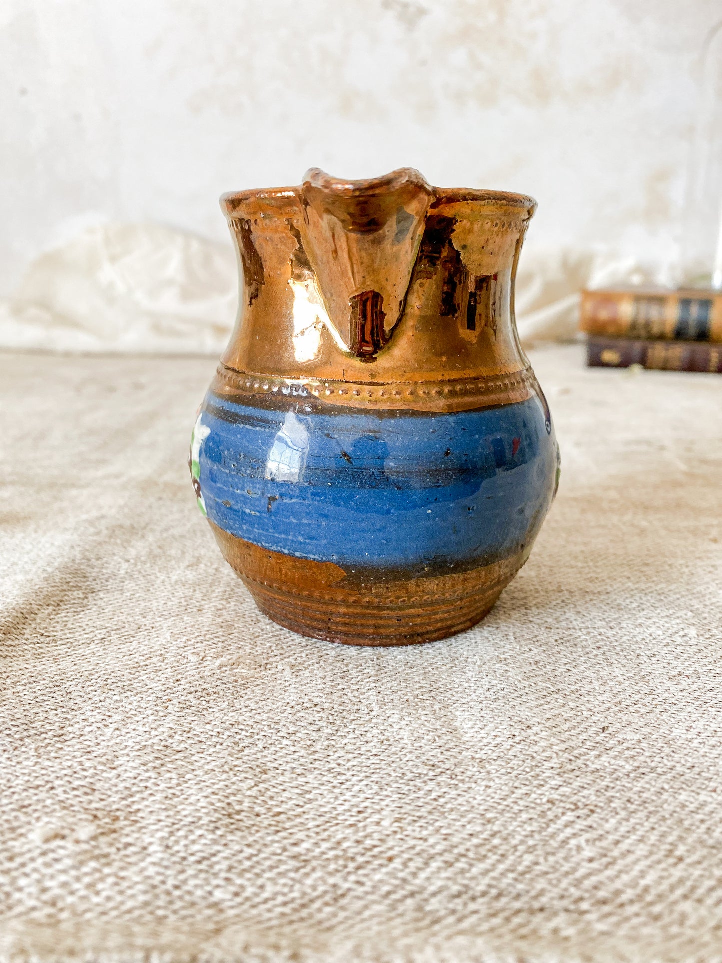 Antique Copper Luster 3.5" Pitcher with Pastoral Scene