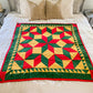 Vintage Quilted Wall Hanging Lap Quilt | Signed Red Yellow Green Broken Star with Sawtooth Border Quilt